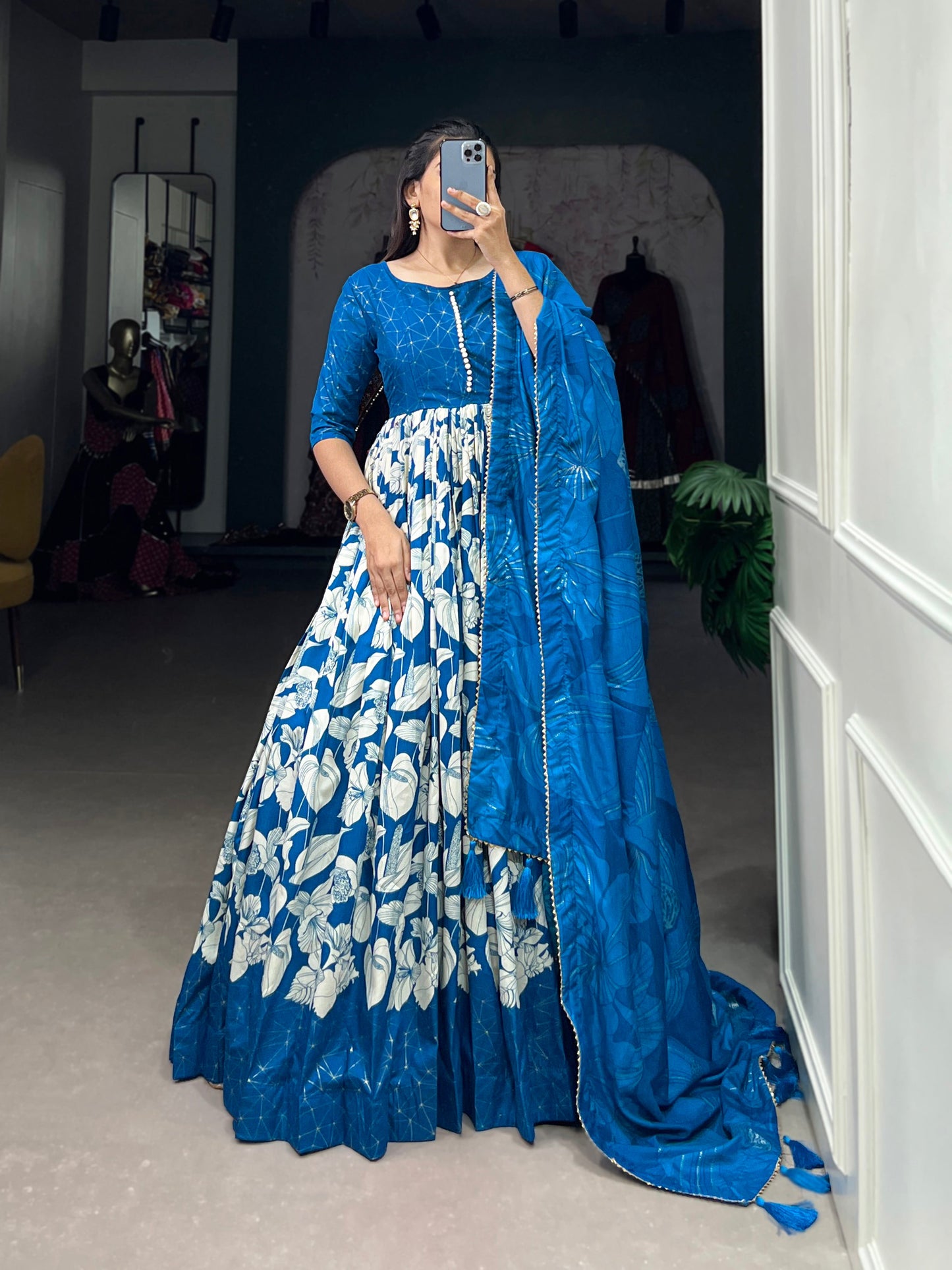 Lorenvalley Blue Tussar Silk Floral Print With Foil Print Gown with Dupatta | Swadesiicart