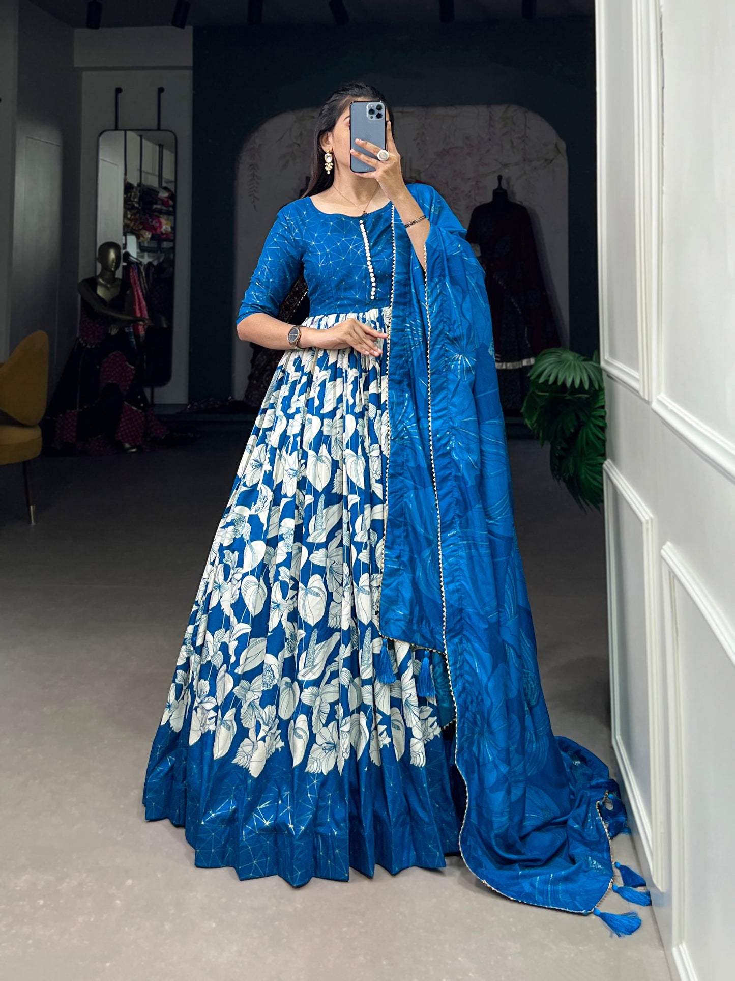 Lorenvalley Blue Tussar Silk Floral Print With Foil Print Gown with Dupatta | Swadesiicart