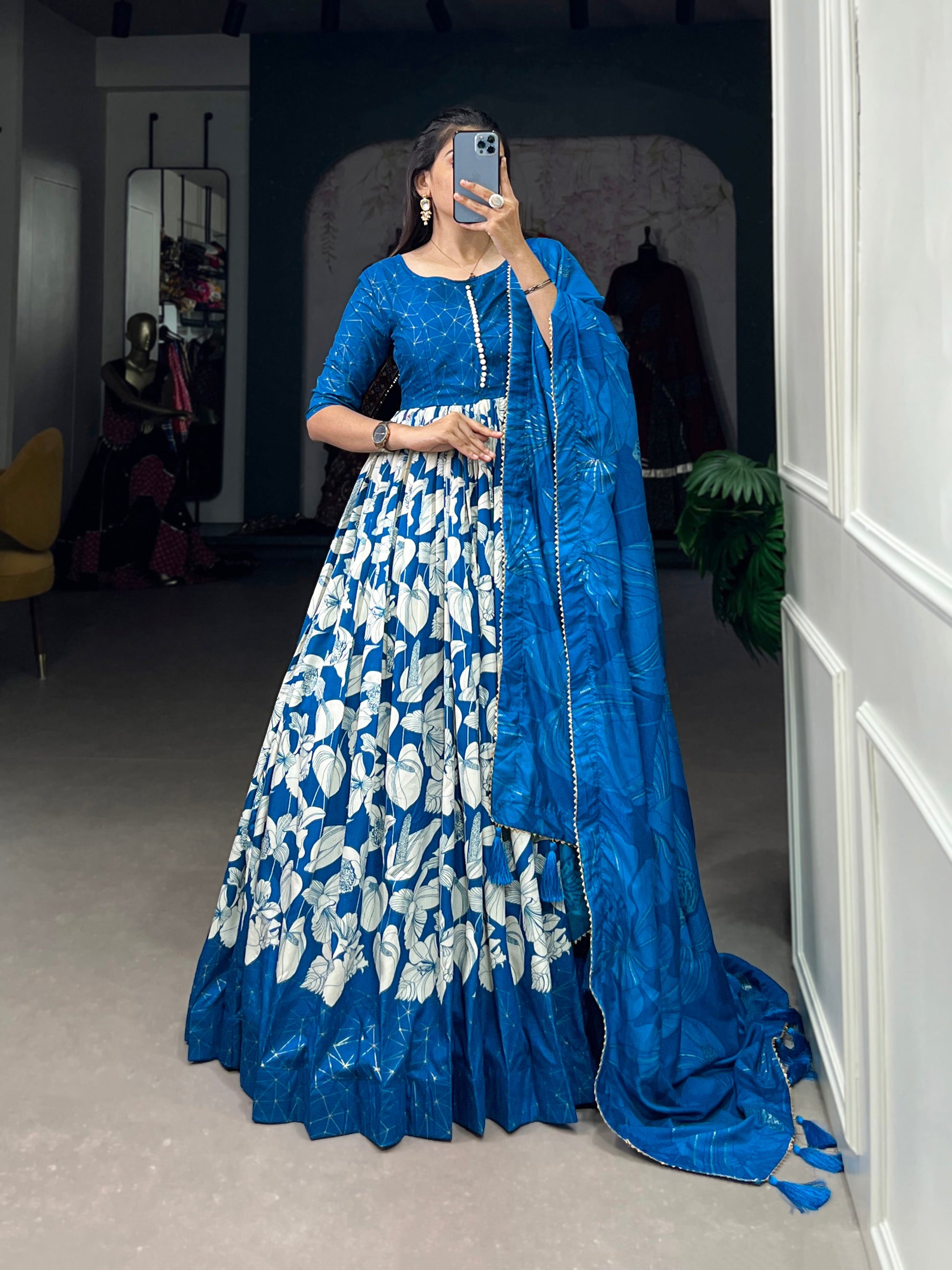 Lorenvalley Blue Tussar Silk Floral Print With Foil Print Gown with Dupatta | Swadesiicart