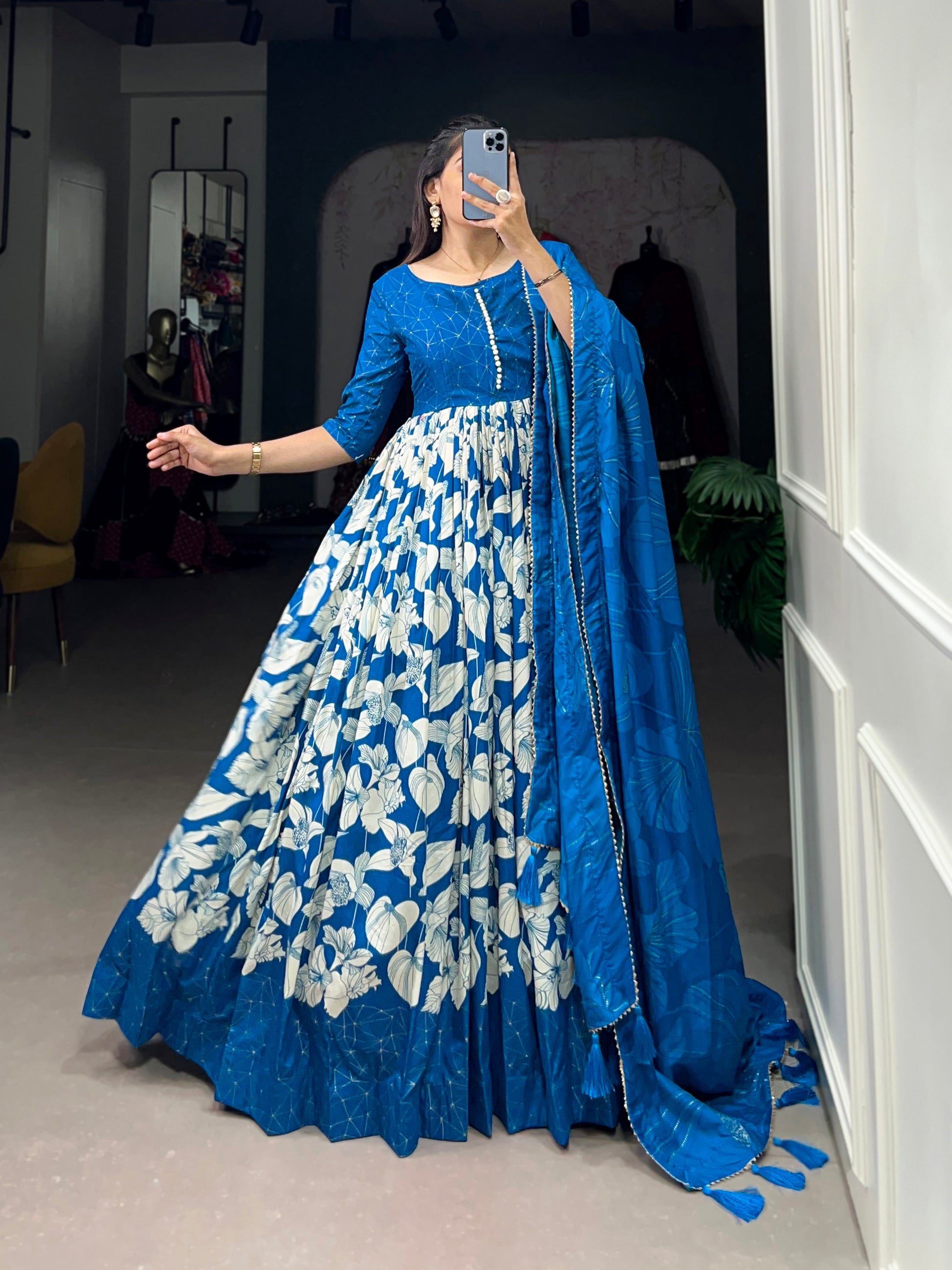 Lorenvalley Blue Tussar Silk Floral Print With Foil Print Gown with Dupatta | Swadesiicart