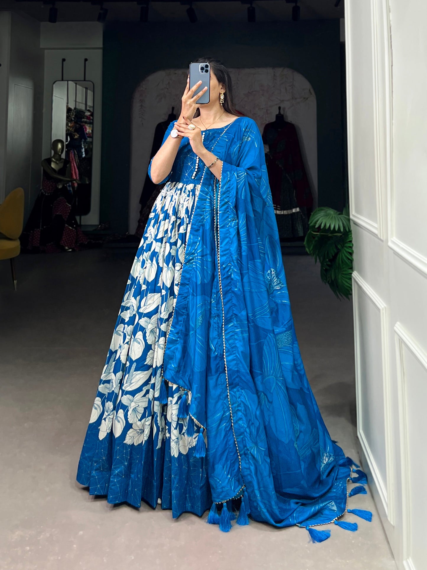 Lorenvalley Blue Tussar Silk Floral Print With Foil Print Gown with Dupatta | Swadesiicart