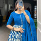 Lorenvalley Blue Tussar Silk Floral Print With Foil Print Gown with Dupatta | Swadesiicart