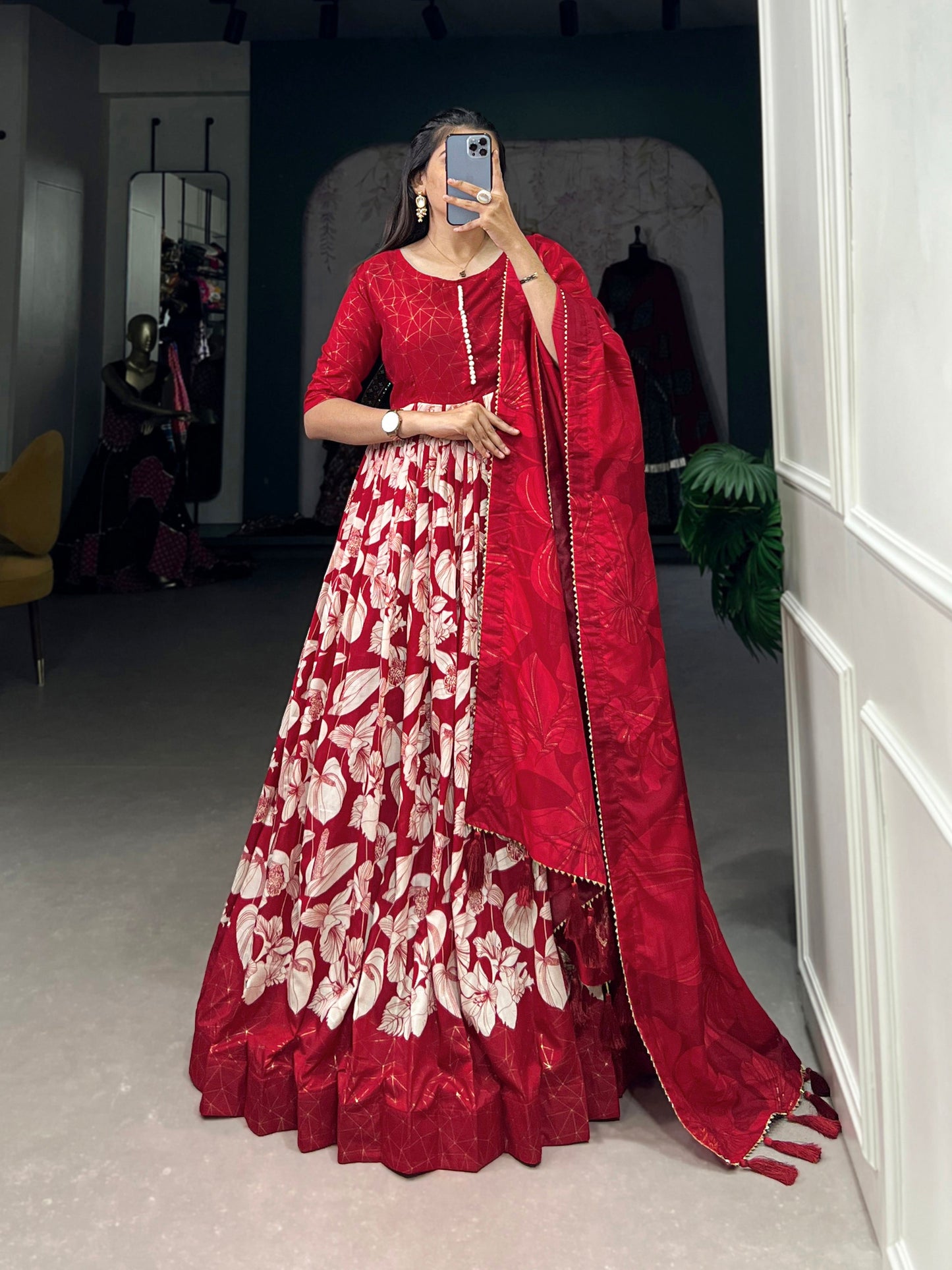 Lorenvalley Red Tussar Silk Floral Print With Foil Print Gown with Dupatta | Swadesiicart