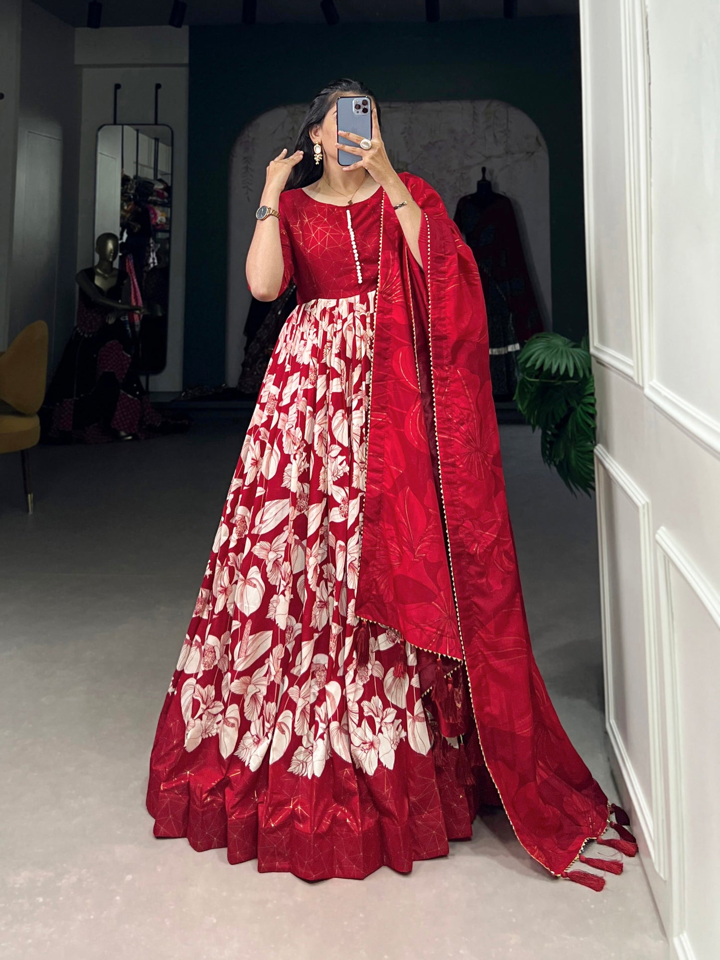 Lorenvalley Red Tussar Silk Floral Print With Foil Print Gown with Dupatta | Swadesiicart