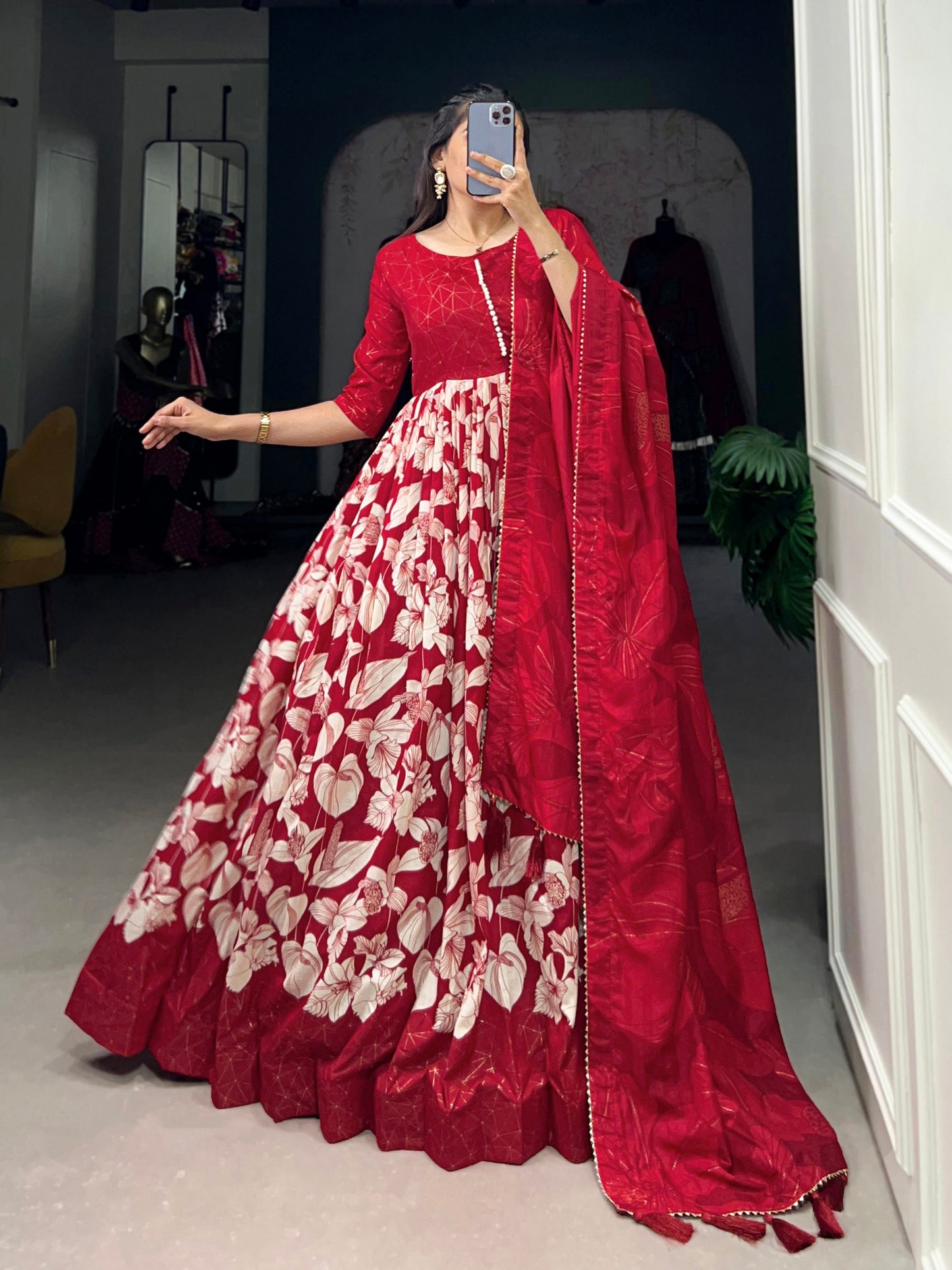 Lorenvalley Red Tussar Silk Floral Print With Foil Print Gown with Dupatta | Swadesiicart