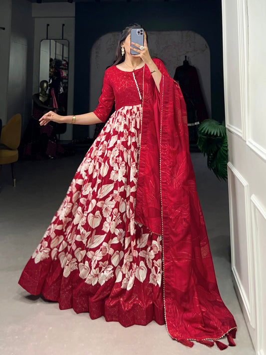 Lorenvalley Red Tussar Silk Floral Print With Foil Print Gown with Dupatta | Swadesiicart