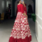 Lorenvalley Red Tussar Silk Floral Print With Foil Print Gown with Dupatta | Swadesiicart