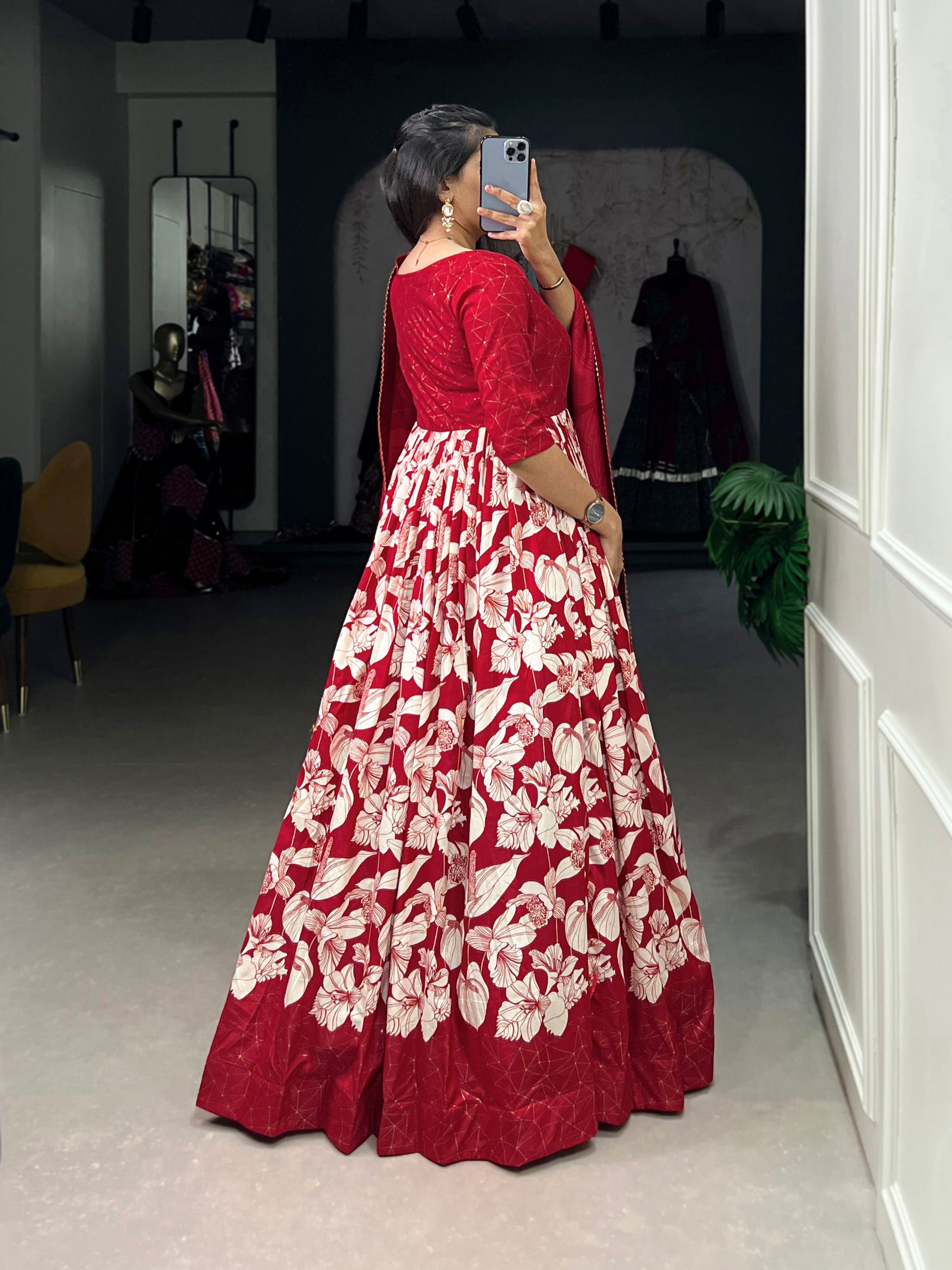 Lorenvalley Red Tussar Silk Floral Print With Foil Print Gown with Dupatta | Swadesiicart