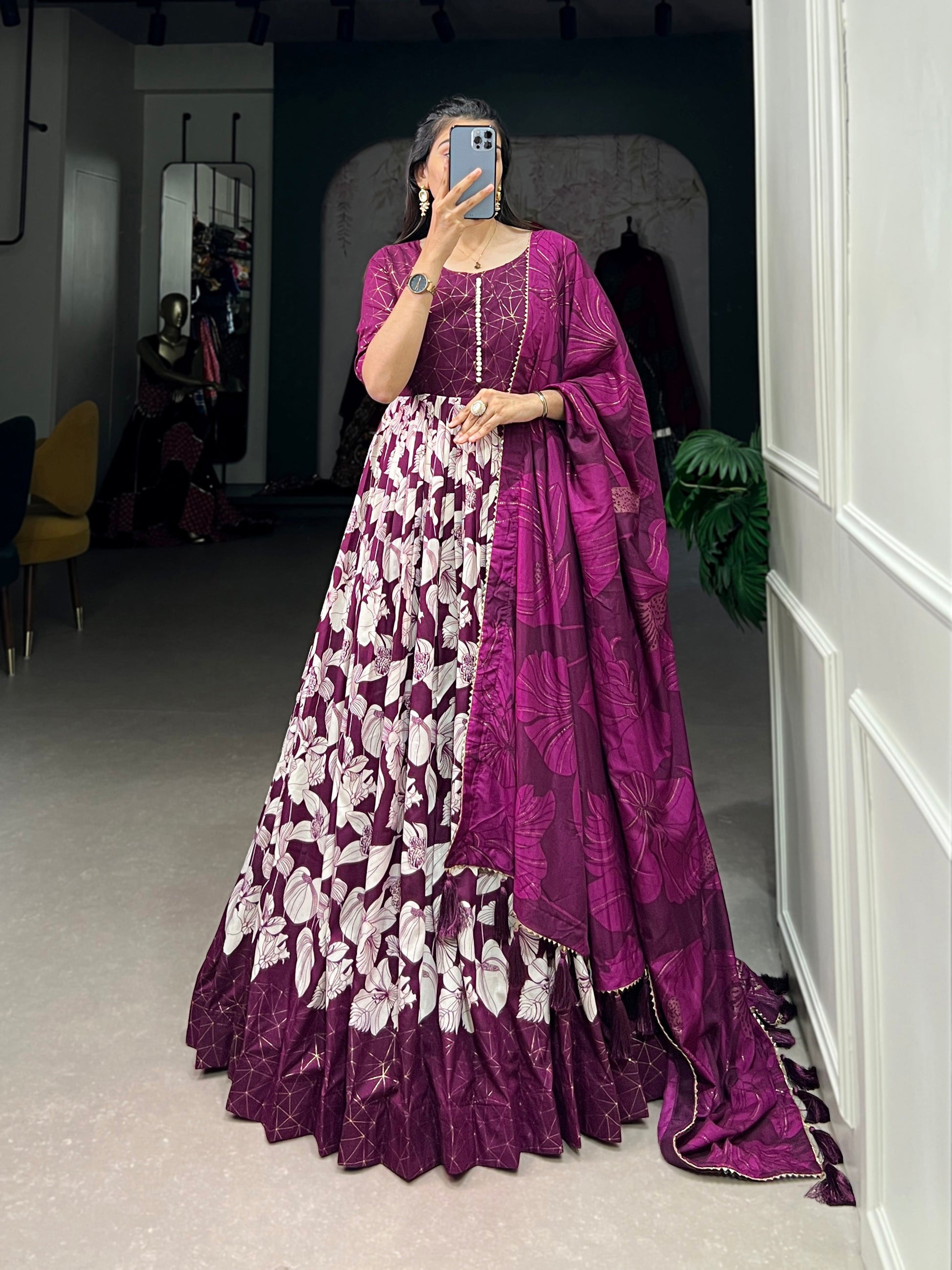 Lorenvalley Wine Tussar Silk Floral Print With Foil Print Gown with Dupatta | Swadesiicart