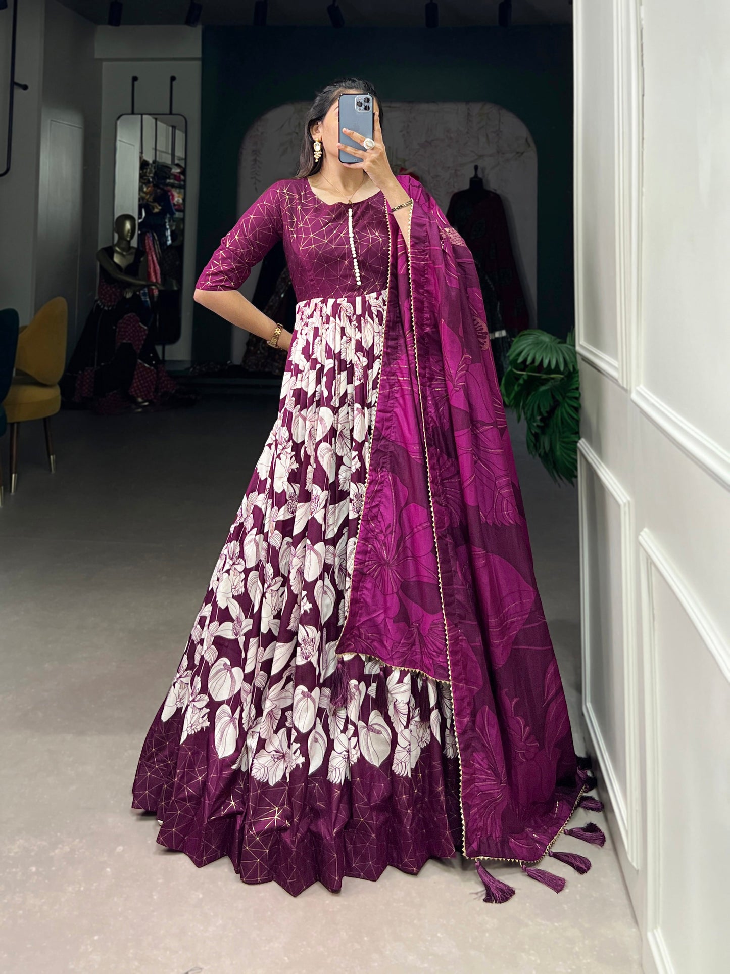 Lorenvalley Wine Tussar Silk Floral Print With Foil Print Gown with Dupatta | Swadesiicart