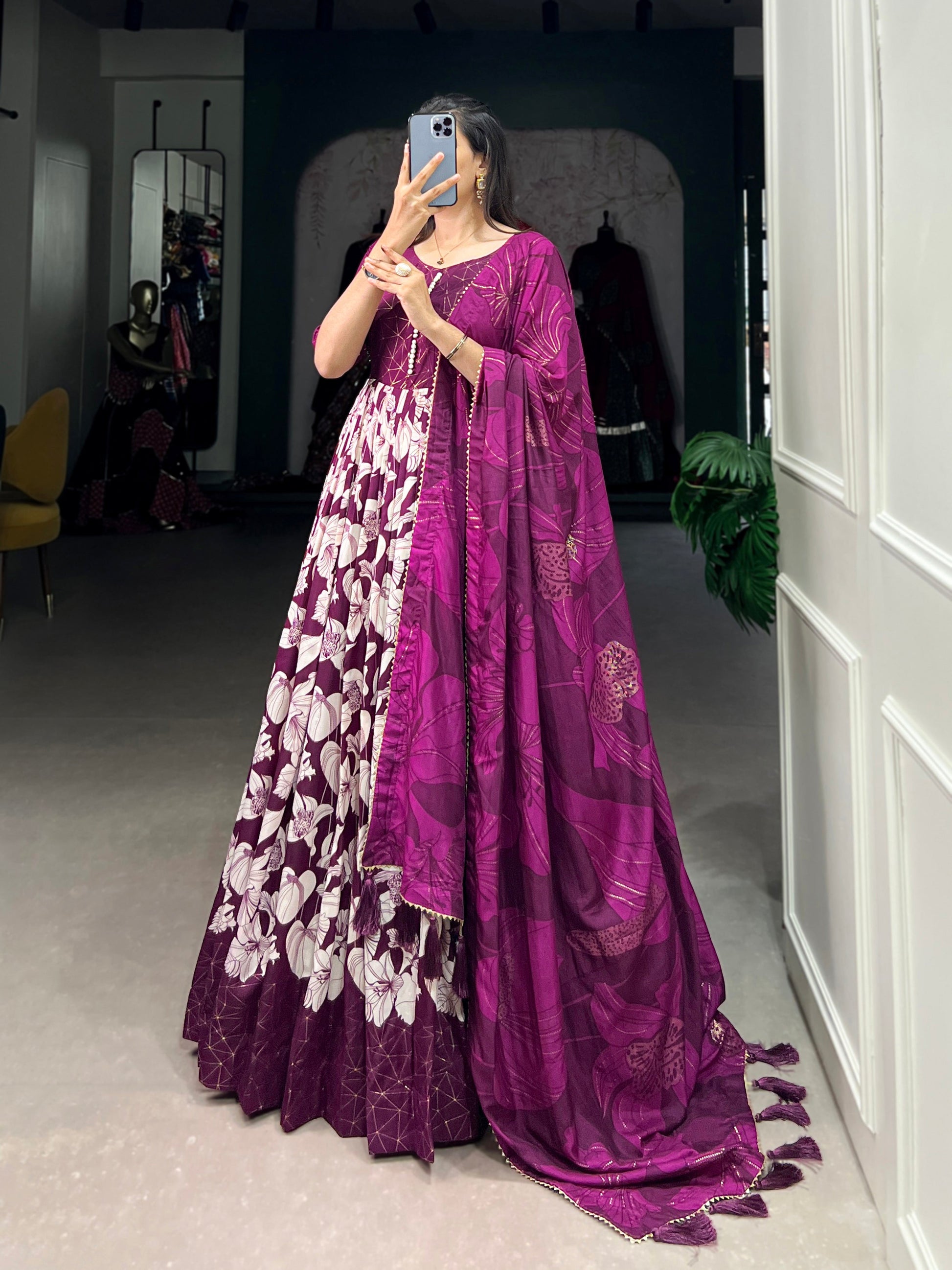 Lorenvalley Wine Tussar Silk Floral Print With Foil Print Gown with Dupatta | Swadesiicart