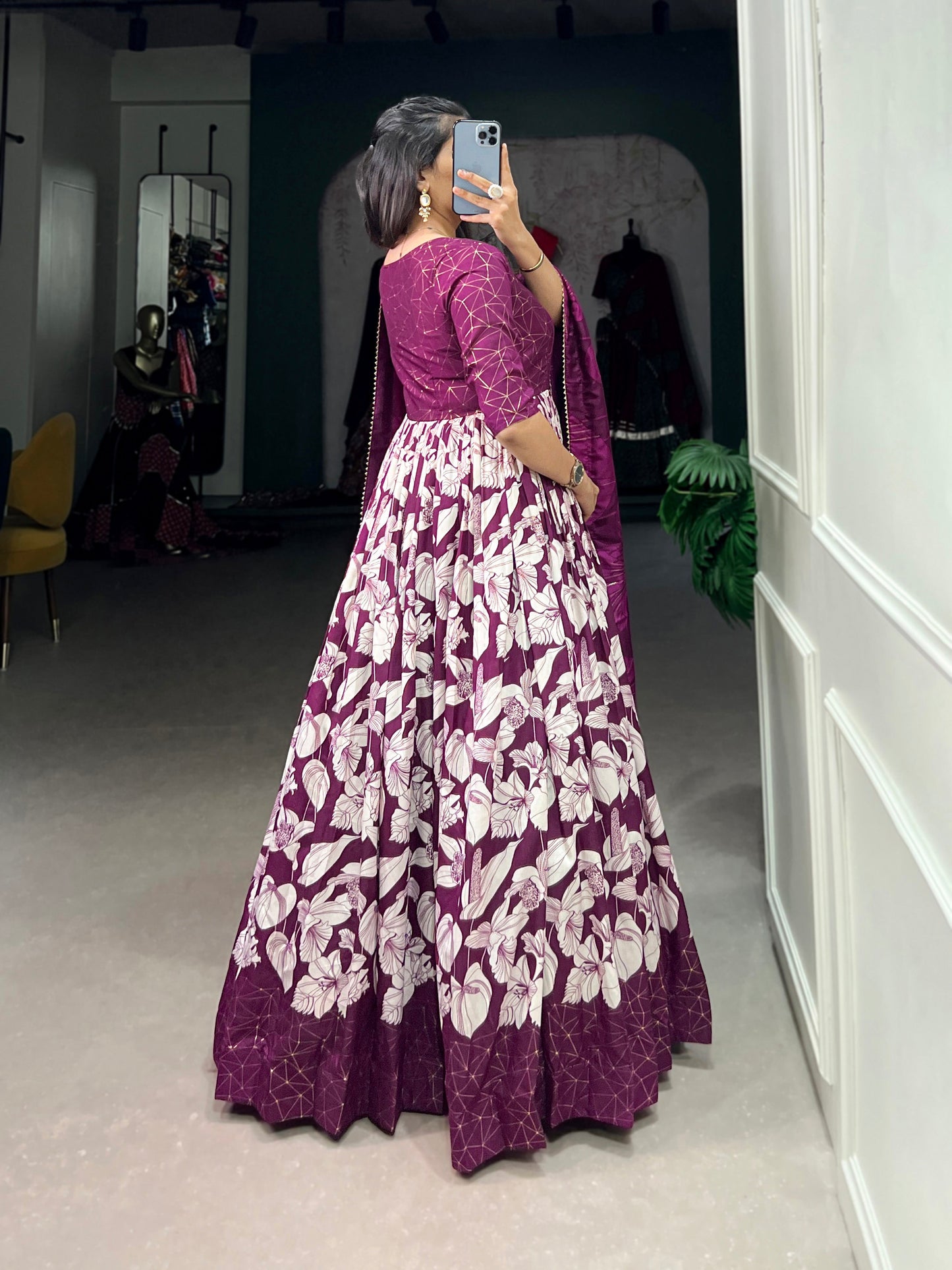 Lorenvalley Wine Tussar Silk Floral Print With Foil Print Gown with Dupatta | Swadesiicart