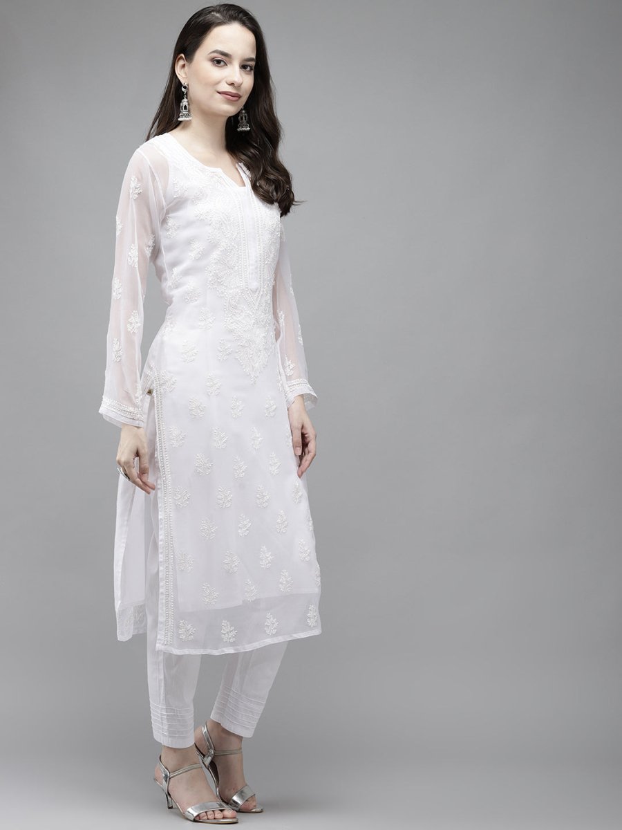 ADA Women White Ethnic Motifs Embroidered Regular Chikankari Handloom Kurta with Trousers | Swadesiicart