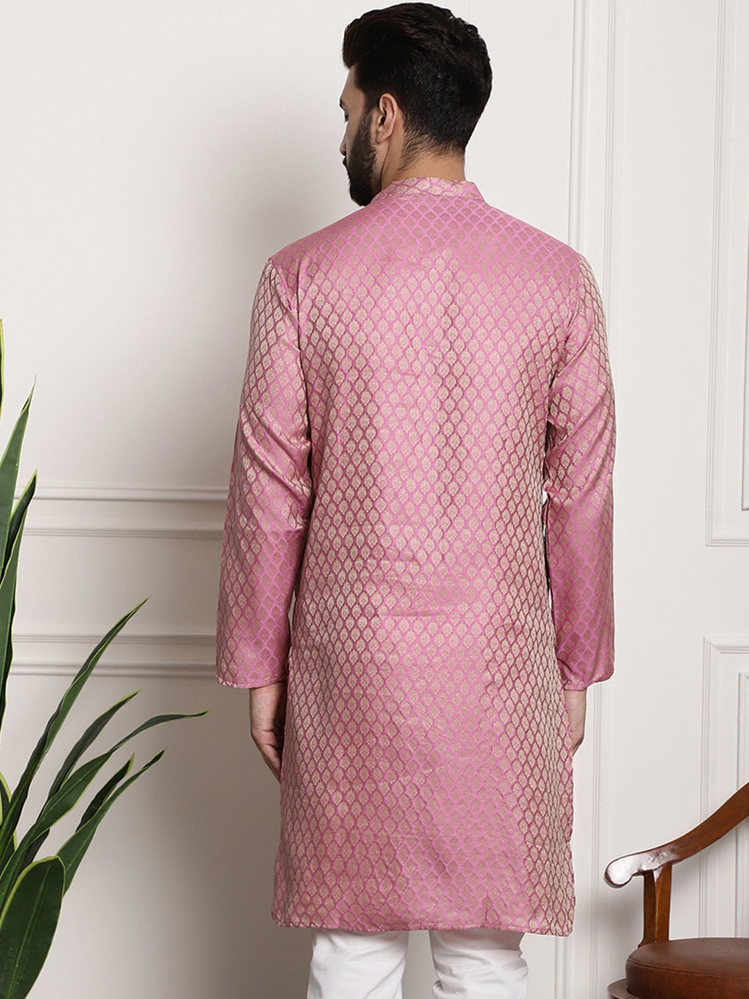 Sojanya Men Pink & Beige Ethnic Motifs Jacquard Woven Design Straight Kurta | Swadesiicart