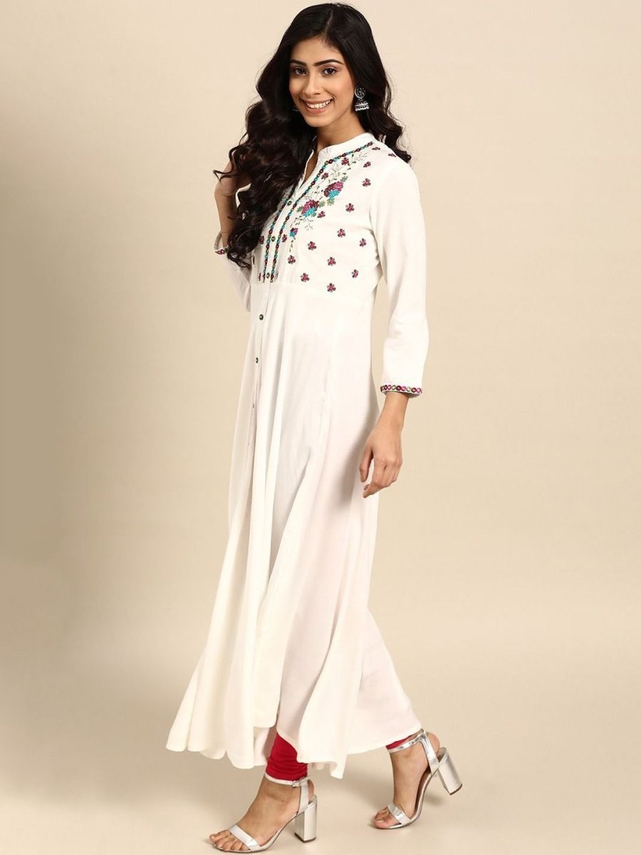 Anouk White Floral Yoke Design Mandarin Collar Mirror Work Cotton A-Line Kurta - Swadesiicart