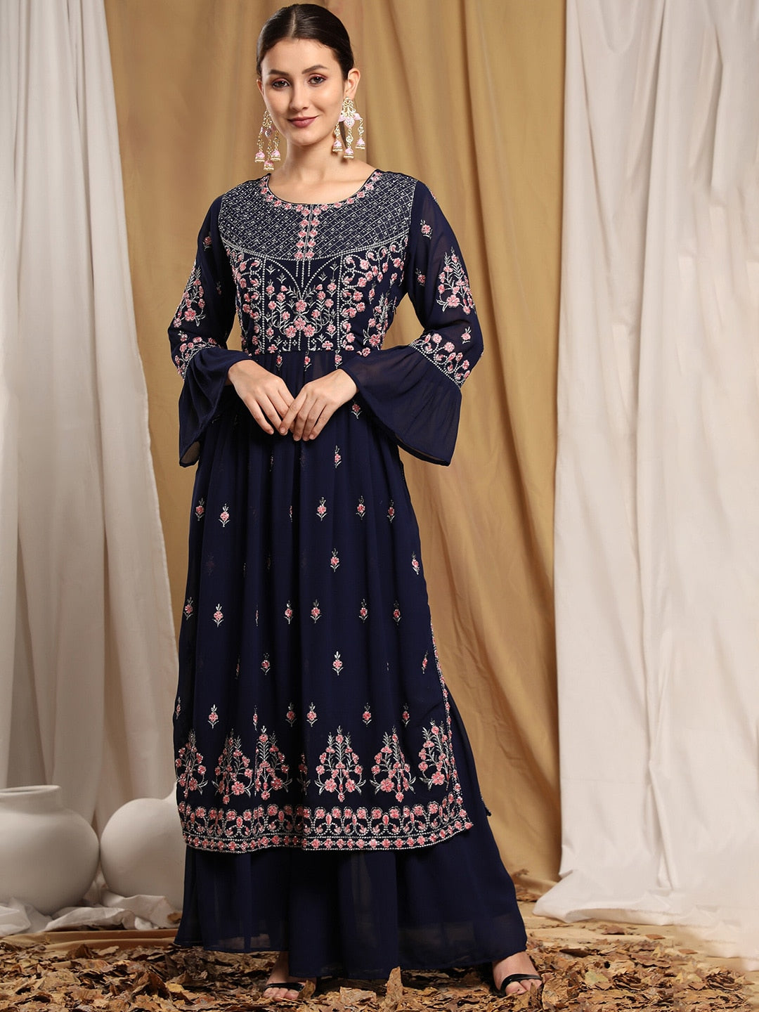 Kalini Women Navy Blue Floral Embroidered Thread Work Kurta with Sharara | Swadesiicart