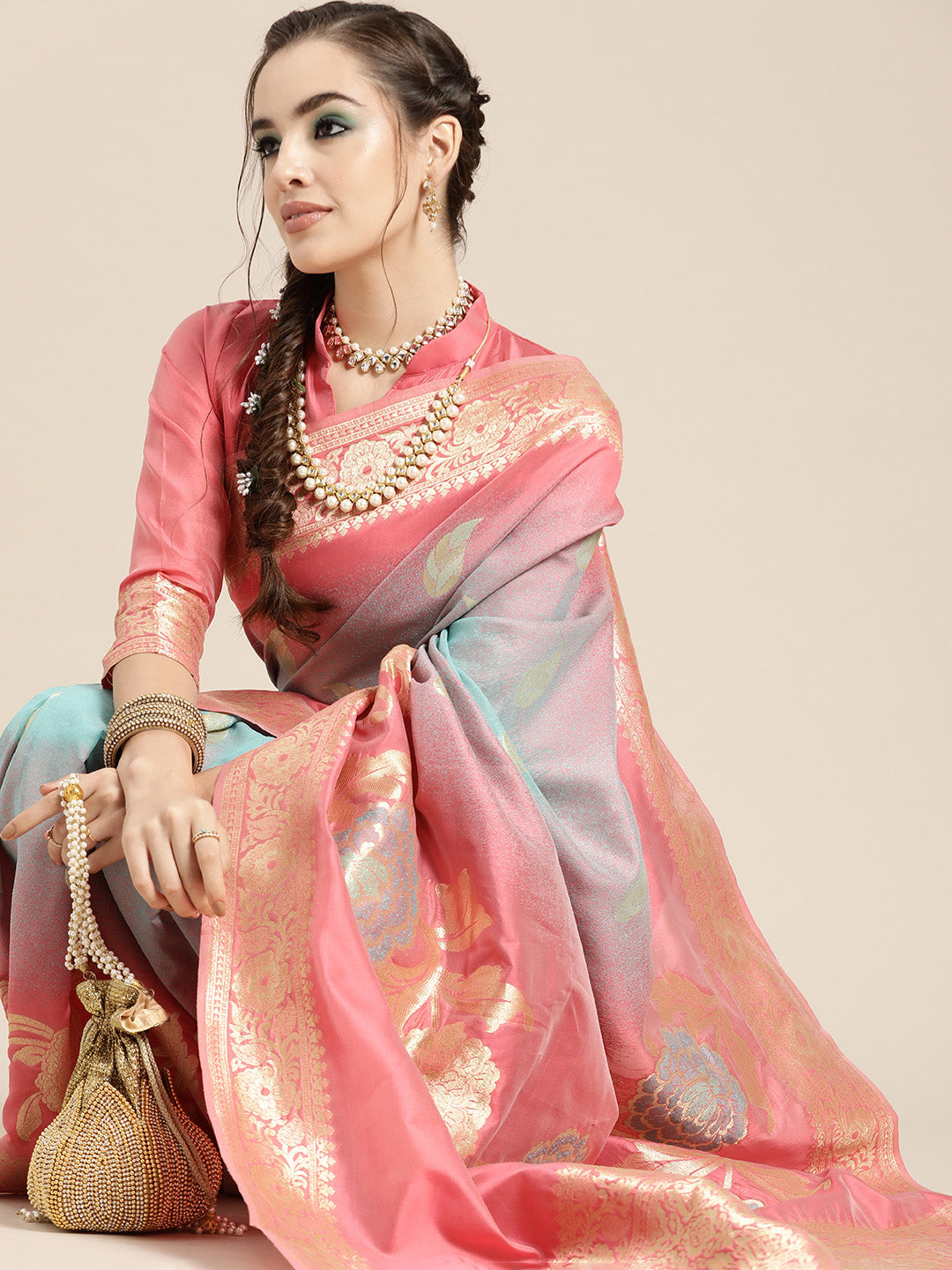 Saree Mall Pink & Blue Floral Dyed Banarasi Saree | Swadesiicart