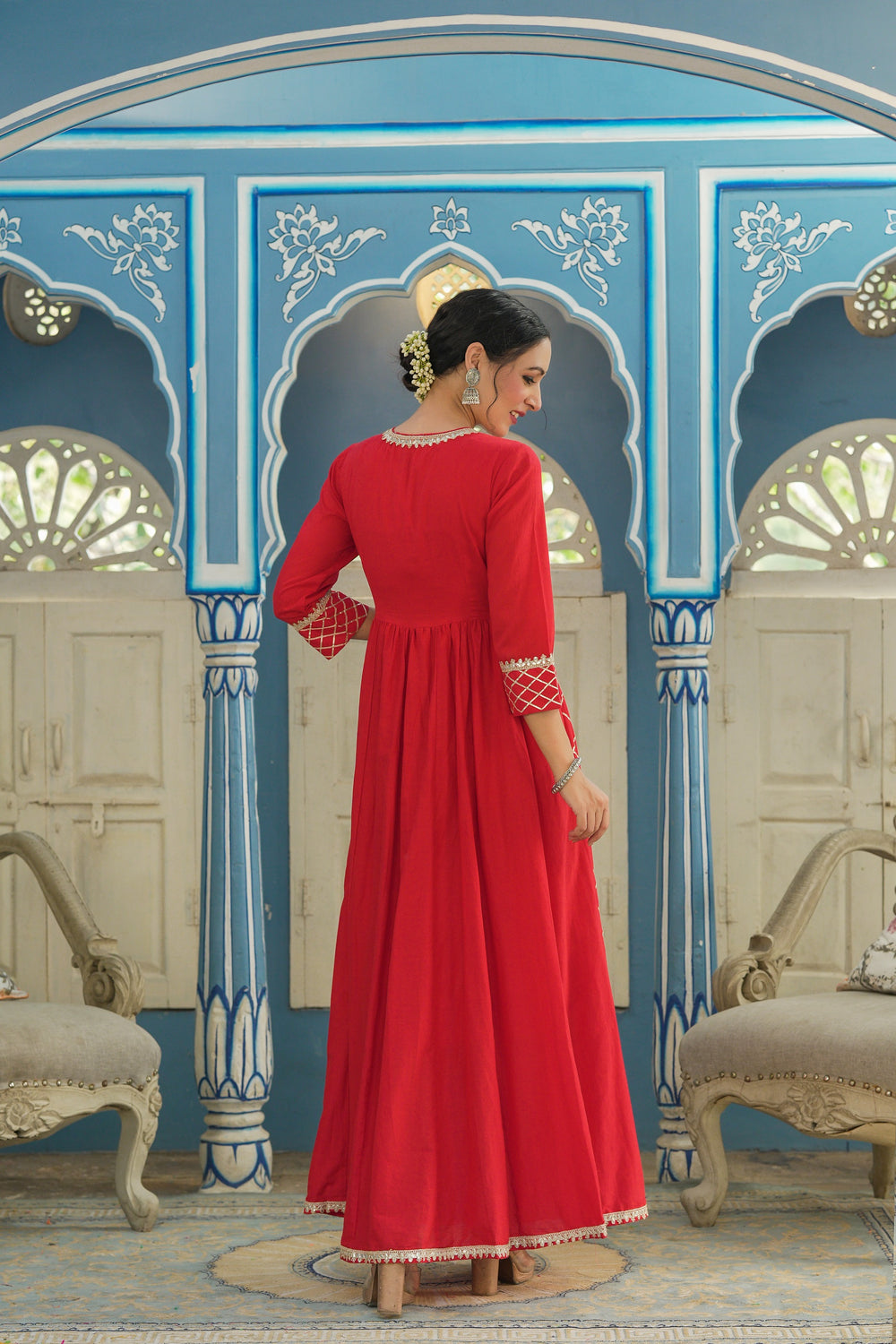 Juniper Women's Red Cotton Cambric Festive Wear Solid Gotta Work Dress | Swadesiicart