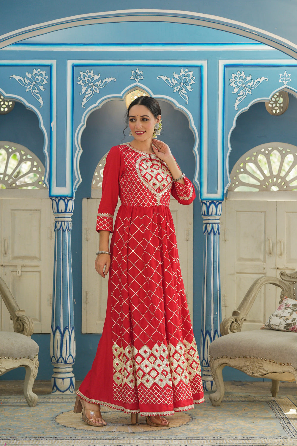 Juniper Women's Red Cotton Cambric Festive Wear Solid Gotta Work Dress | Swadesiicart