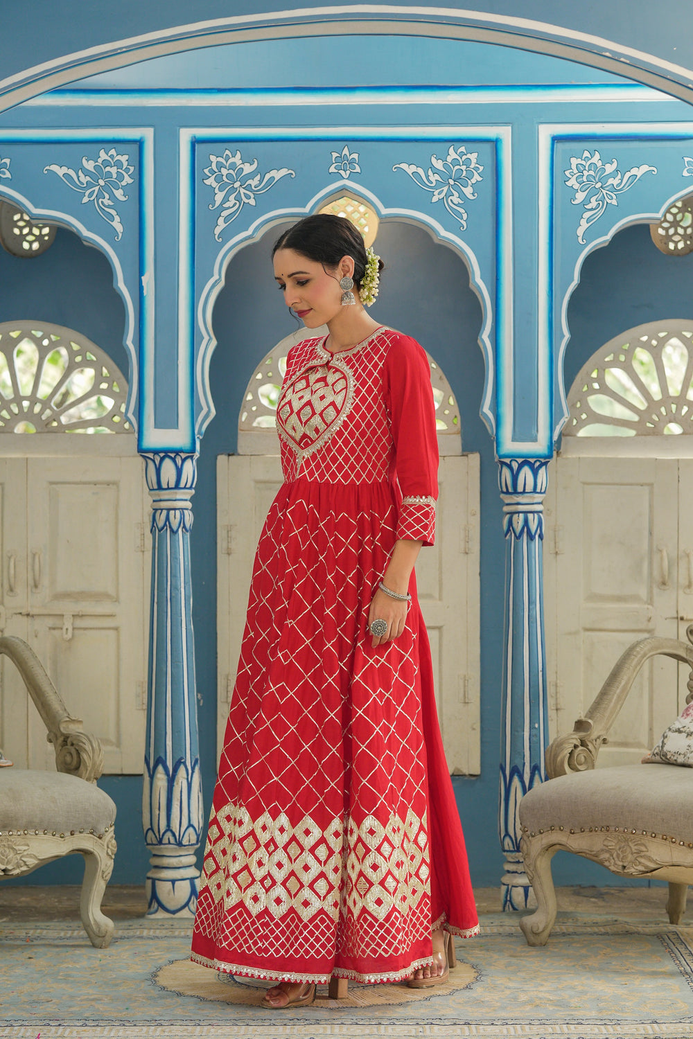 Juniper Women's Red Cotton Cambric Festive Wear Solid Gotta Work Dress | Swadesiicart