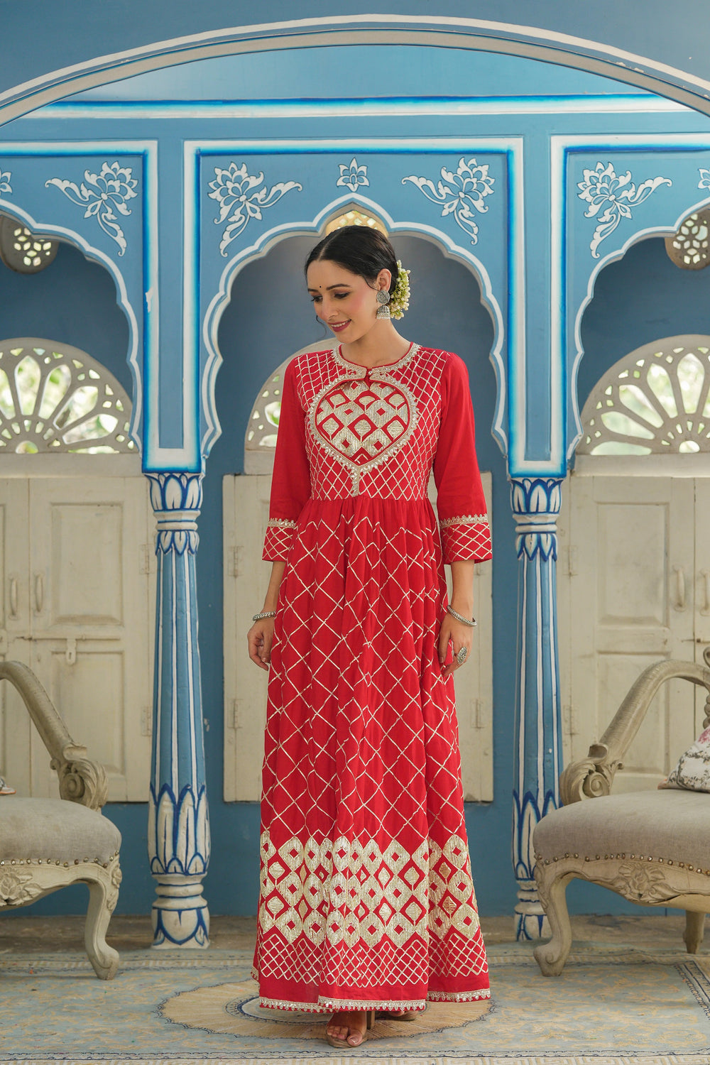 Juniper Women's Red Cotton Cambric Festive Wear Solid Gotta Work Dress | Swadesiicart