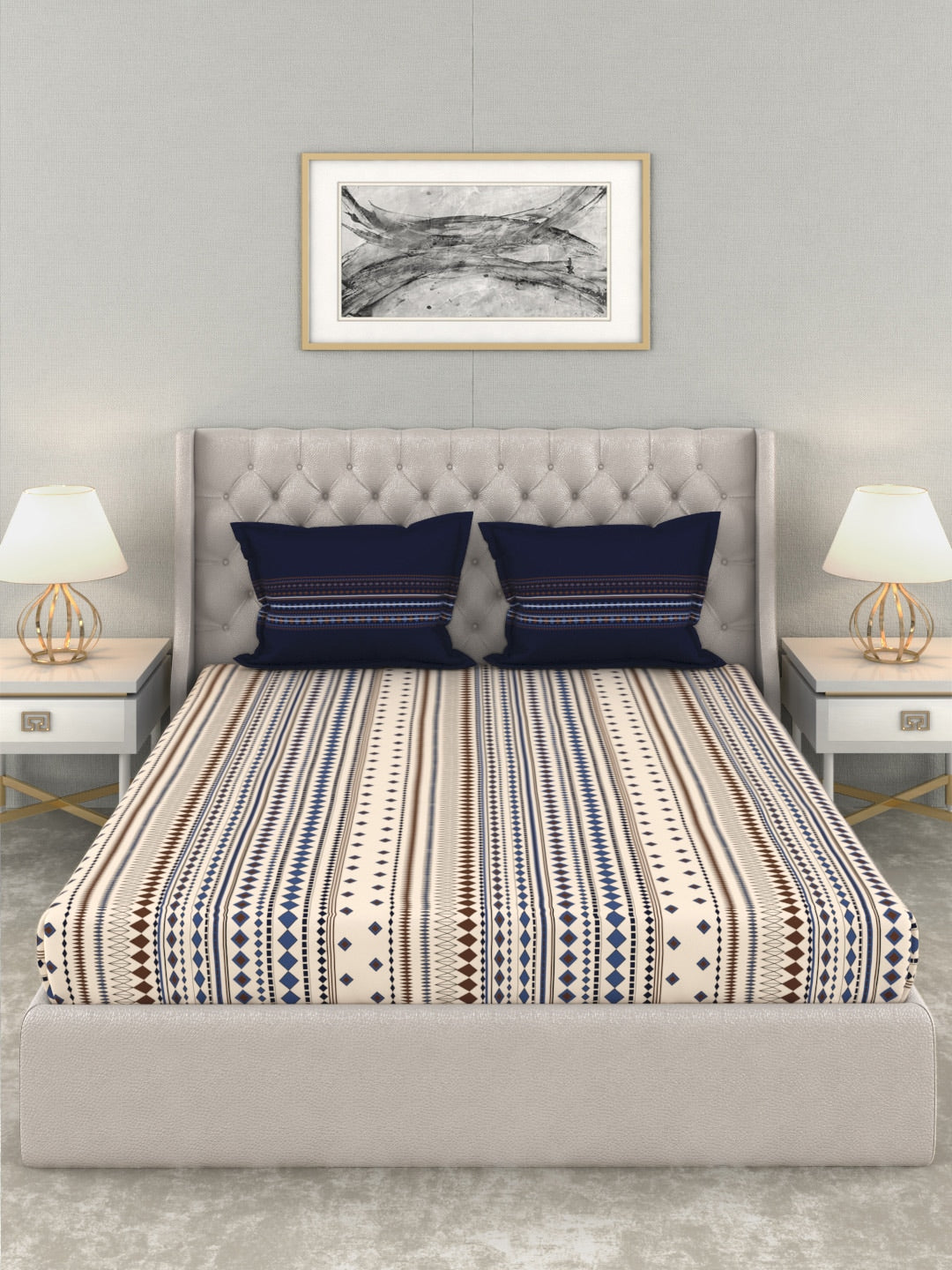 MYTRIDENT Multicoloured Blue Geometric 120 TC Cotton 1 Queen Bedsheet with 2 Pillow Covers - Swadesiicart