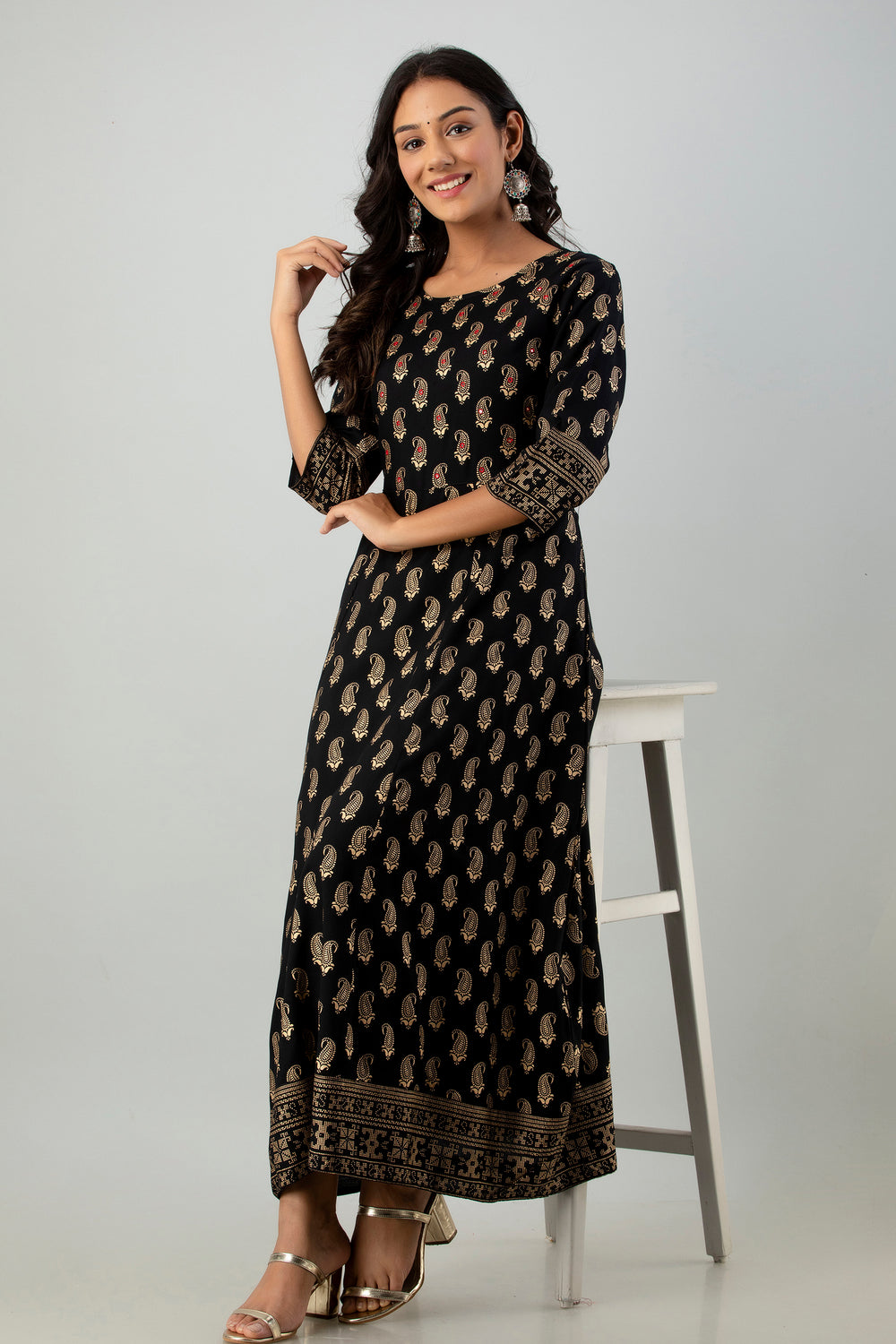 Juniper Women's Black Rayon Printed Flared Dress | Swadesiicart