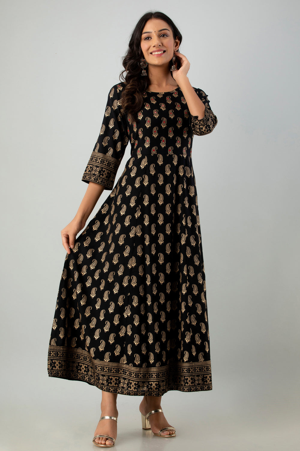 Juniper Women's Black Rayon Printed Flared Dress | Swadesiicart