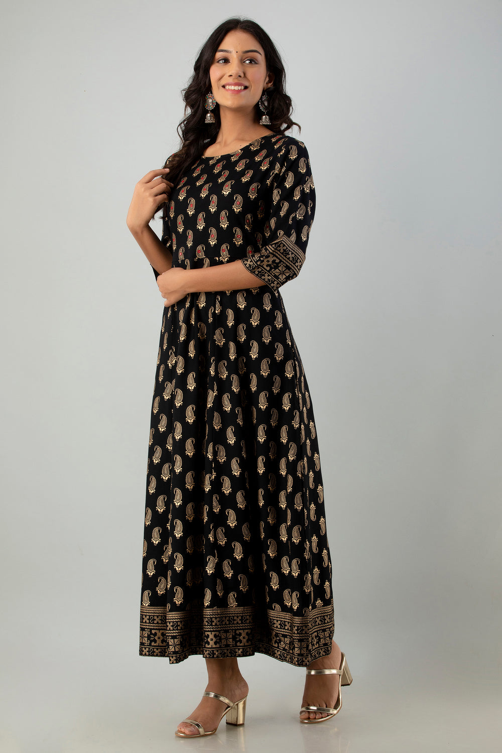 Juniper Women's Black Rayon Printed Flared Dress | Swadesiicart