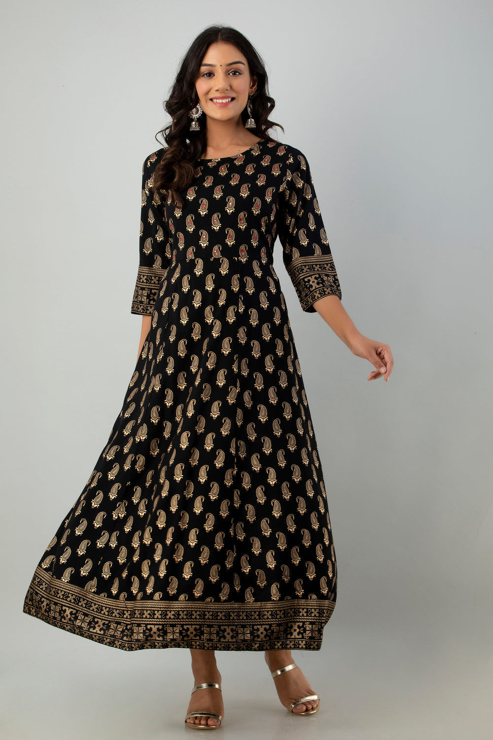 Juniper Women's Black Rayon Printed Flared Dress | Swadesiicart