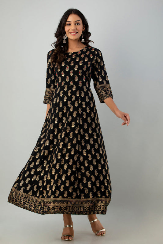 Juniper Women's Black Rayon Printed Flared Dress | Swadesiicart