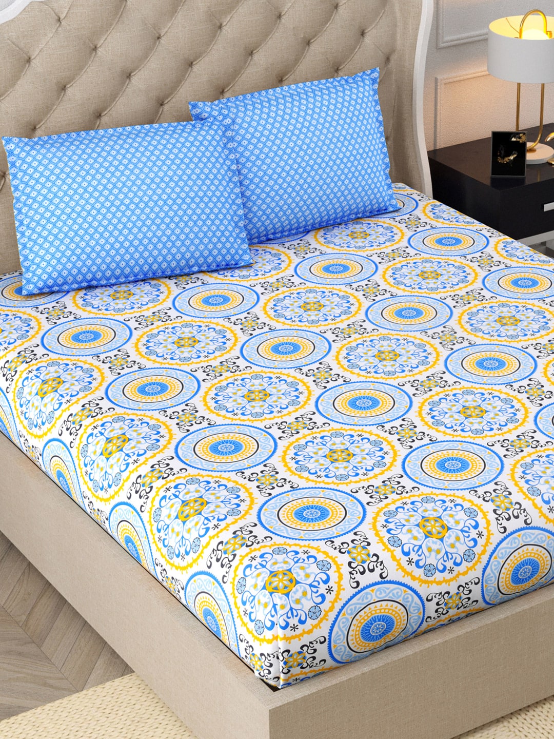 DREAM WEAVERZ Blue & Yellow Cotton Ethnic Motifs 300 TC Double Bedsheet with 2 Pillow Covers - Swadesiicart