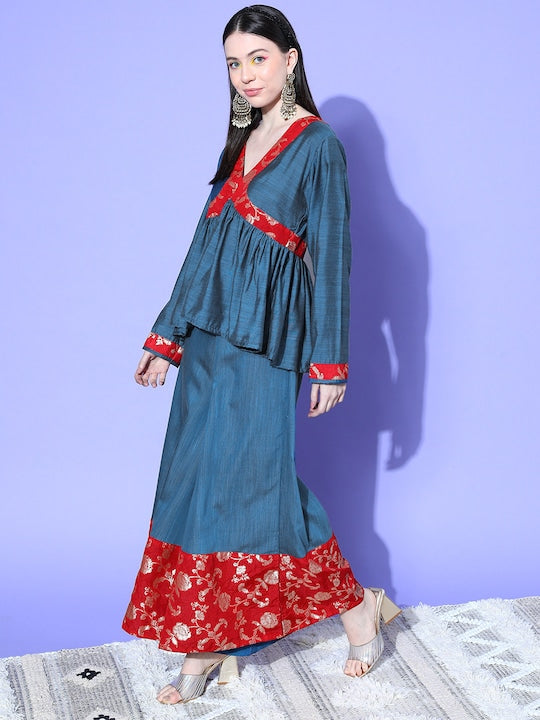 InWeave Women's Teal Red Brocade Mughal Shaan Kurta Palazzo Set - Swadesiicart