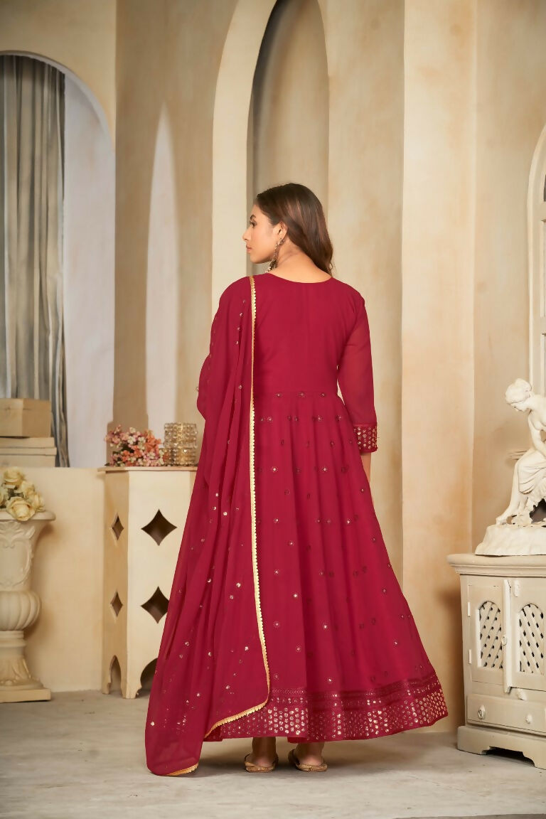 Jyoti Fashion Women's Maroon Georgette Embroidered Anarkali Kurta Pant Set With Dupatta | Swadesiicart