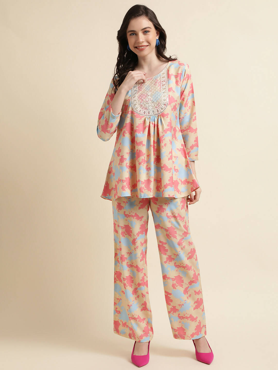 Beige & Pink Poly Crepe Digital Printed Top with Matching Bottom - Preeti