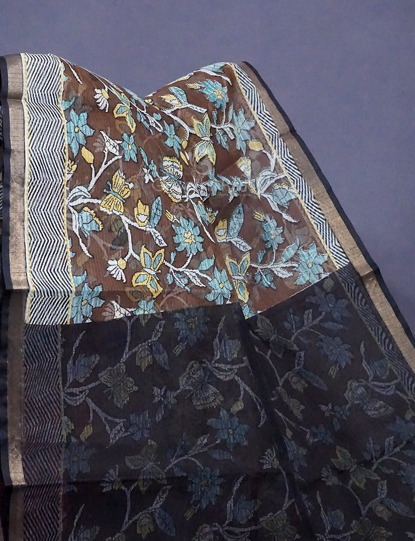 Black And Brown Colour Block Print Pure Kota Cotton Saree By Gayathri Reddy Designer Studio | Swadesiicart