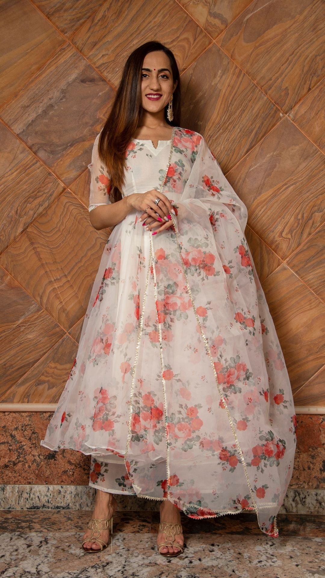 Pomcha Jaipur Red And White Floral Organza Anarkali Set | Swadesiicart