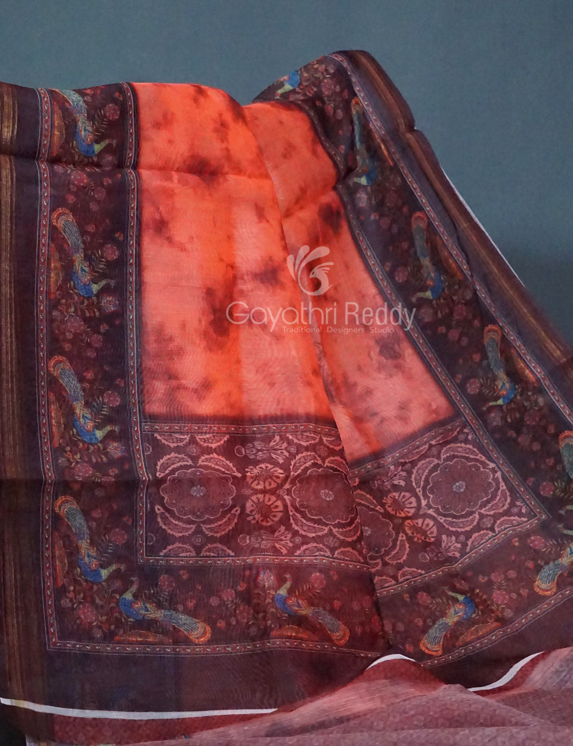 Shades of Peachish Orange Colour Shibori Print Semi Chanderi Saree By Gayathri Reddy Designer Studio | Swadesiicart