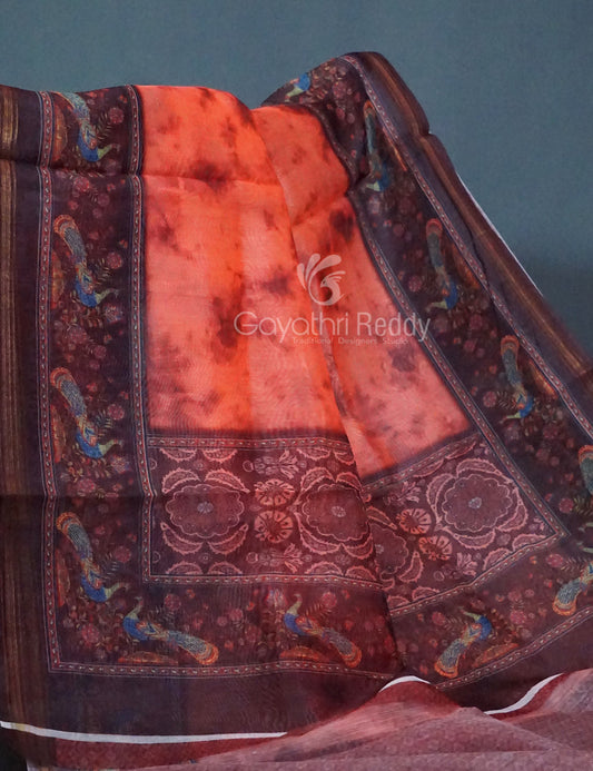 Shades of Peachish Orange Colour Shibori Print Semi Chanderi Saree By Gayathri Reddy Designer Studio | Swadesiicart