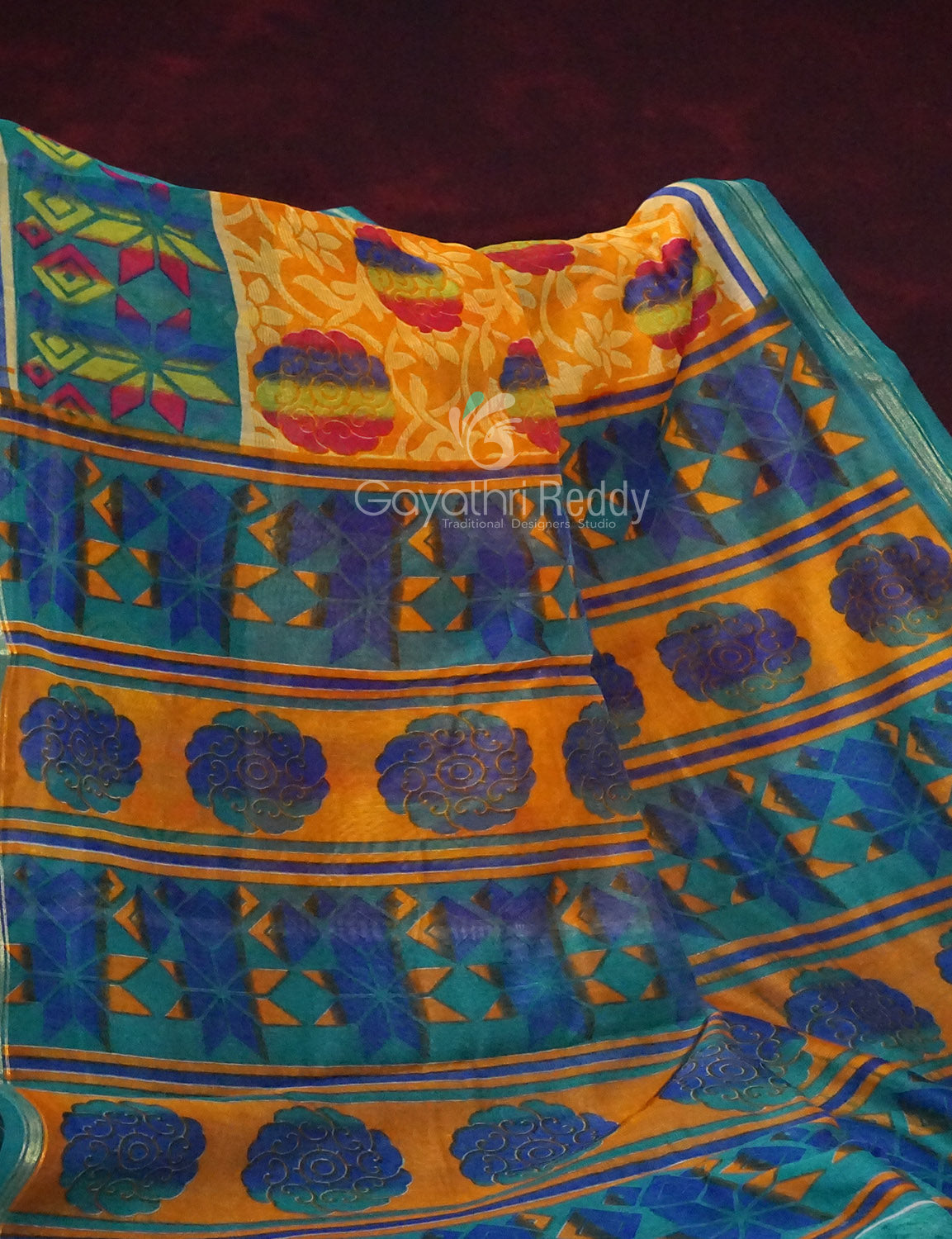 Shades of Yellow With Sea Blue Blouse Printed Semi Chanderi Saree By Gayathri Reddy Designer Studio | Swadesiicart