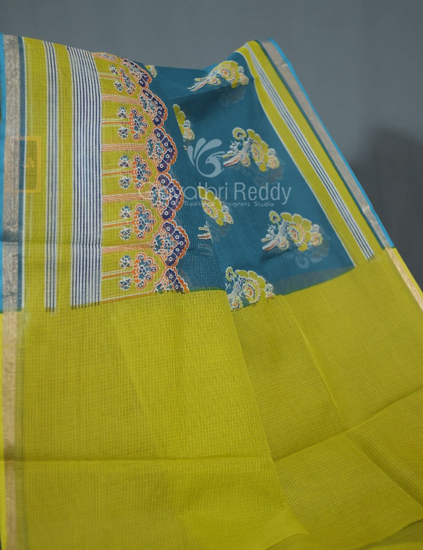 Shades of Peacock Blue With Block Design Pure Kota Cotton Saree By Gayathri Reddy Designer Studio | Swadesiicart