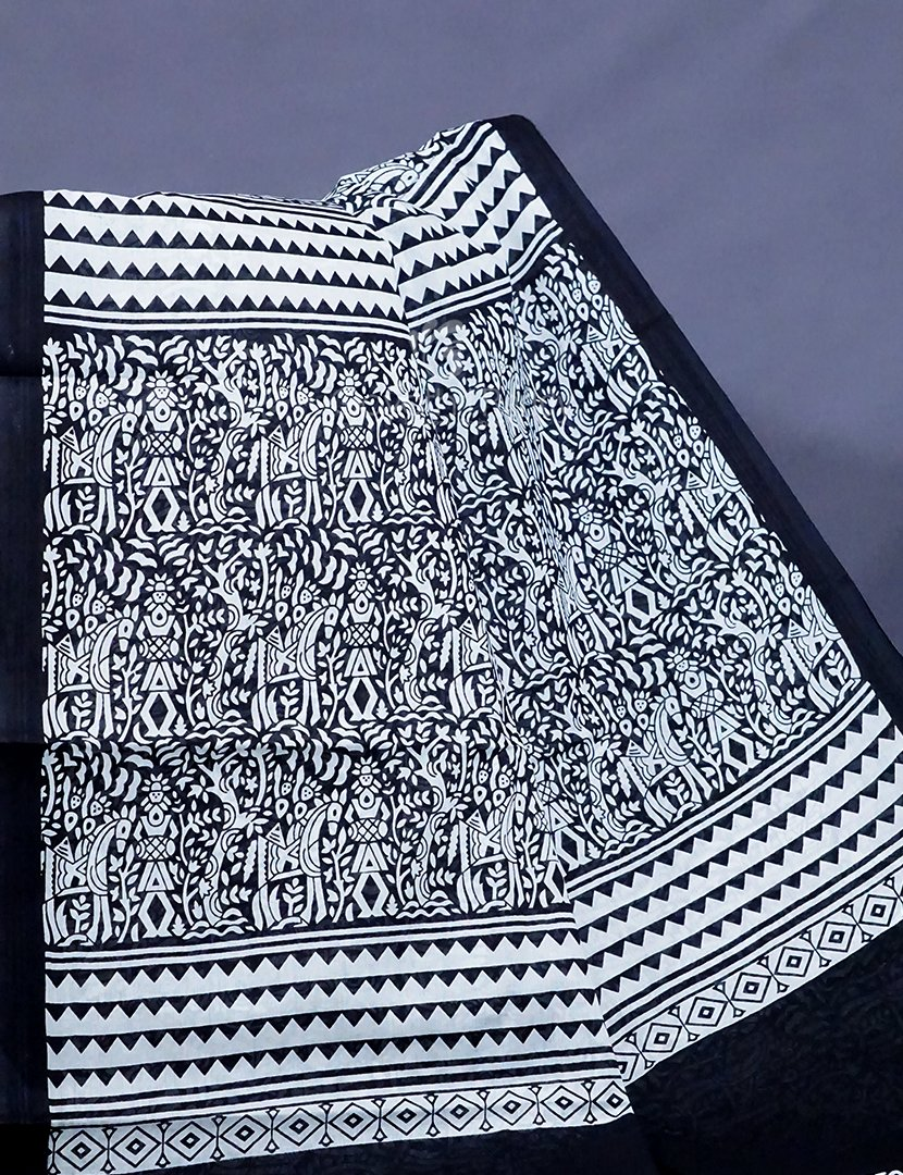 White And Black Combo Block Print Pure Mulmul Cotton Saree By Gayathri Reddy Designer Studio | Swadesiicart