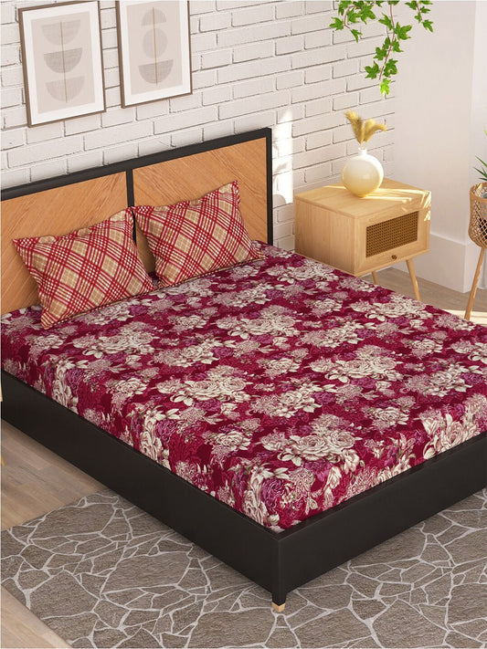 Story@home Arena Magenta & White Floral Microfiber 180 TC Queen Bedsheet & 2 Pillow Covers - Swadesiicart