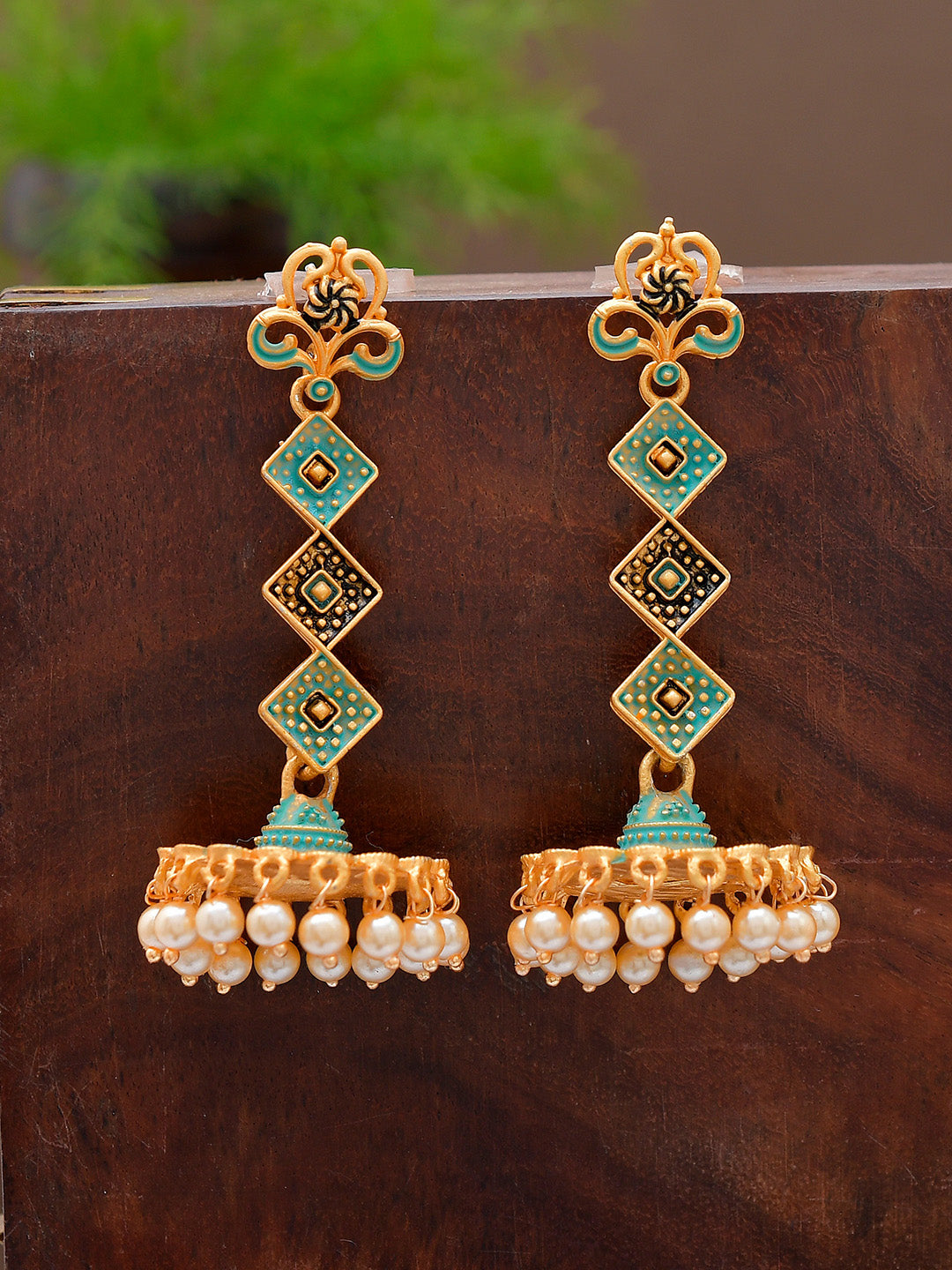 Shoshaa Gold-Toned & Green Contemporary Jhumkas Earrings | Swadesiicart