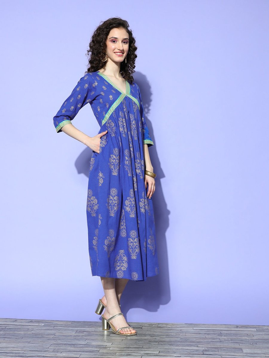 Ahalyaa Blue Floral Print Midi Empire Ethnic Dress | Swadesiicart