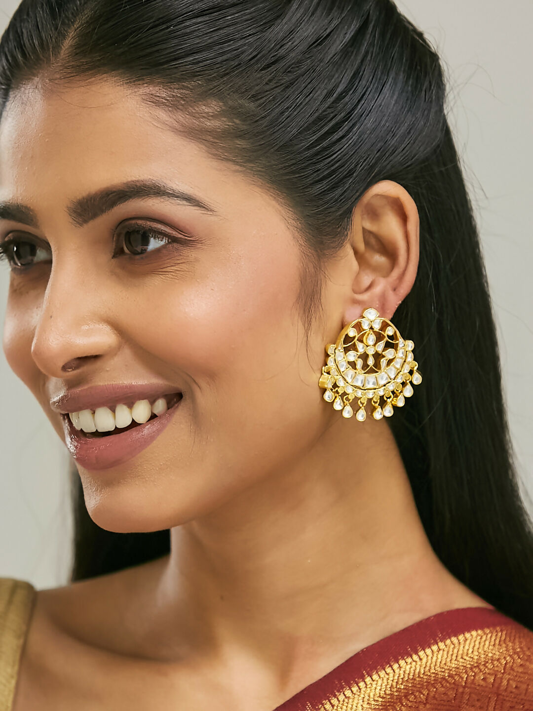 Nuyug 22K Gold-Plated Kundan Stone Studded & Pearl Beaded Moon Chandbalis | Swadesiicart