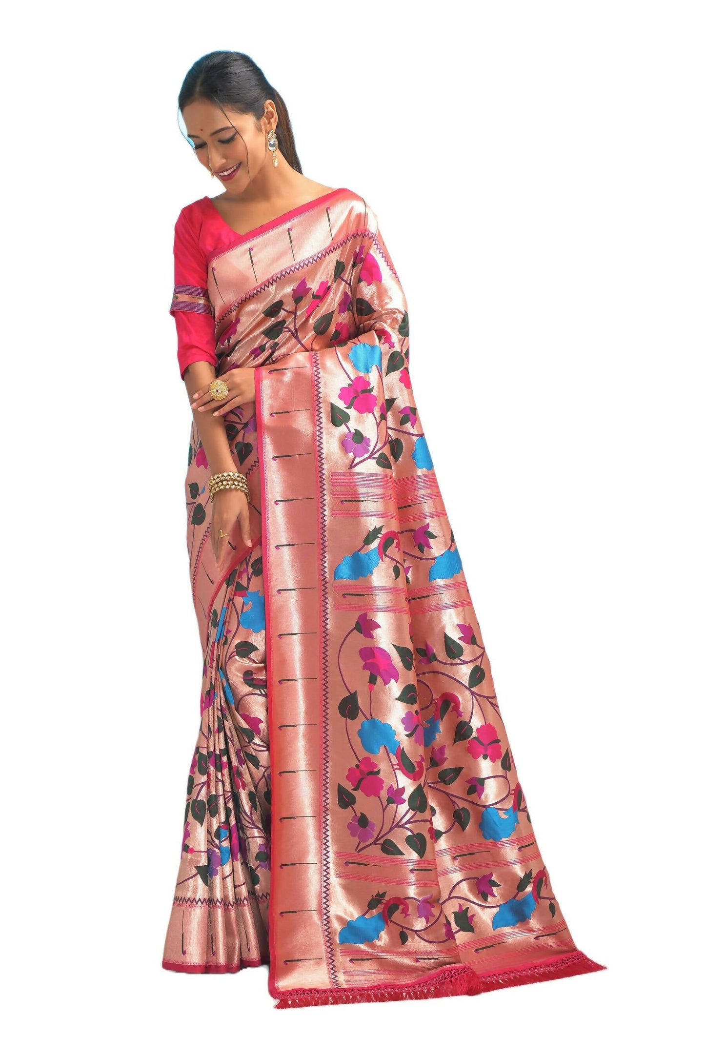 Vishnu Weaves Women's Pink Paithani Silk Minakari Zari Woven Saree with Unstitched Blouse - Swadesiicart