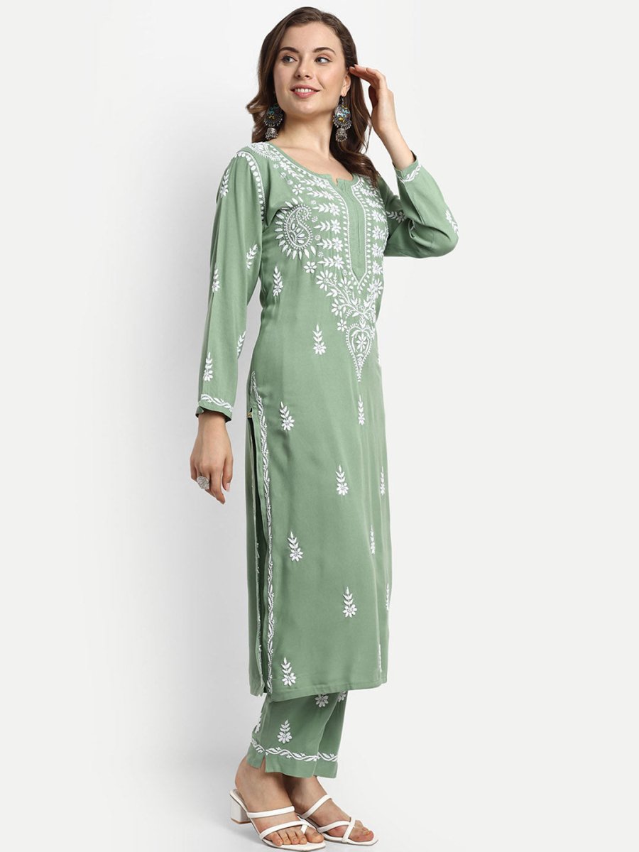 ADA Ethnic Motifs Embroidered Chikankari Kurta with Trousers | Swadesiicart