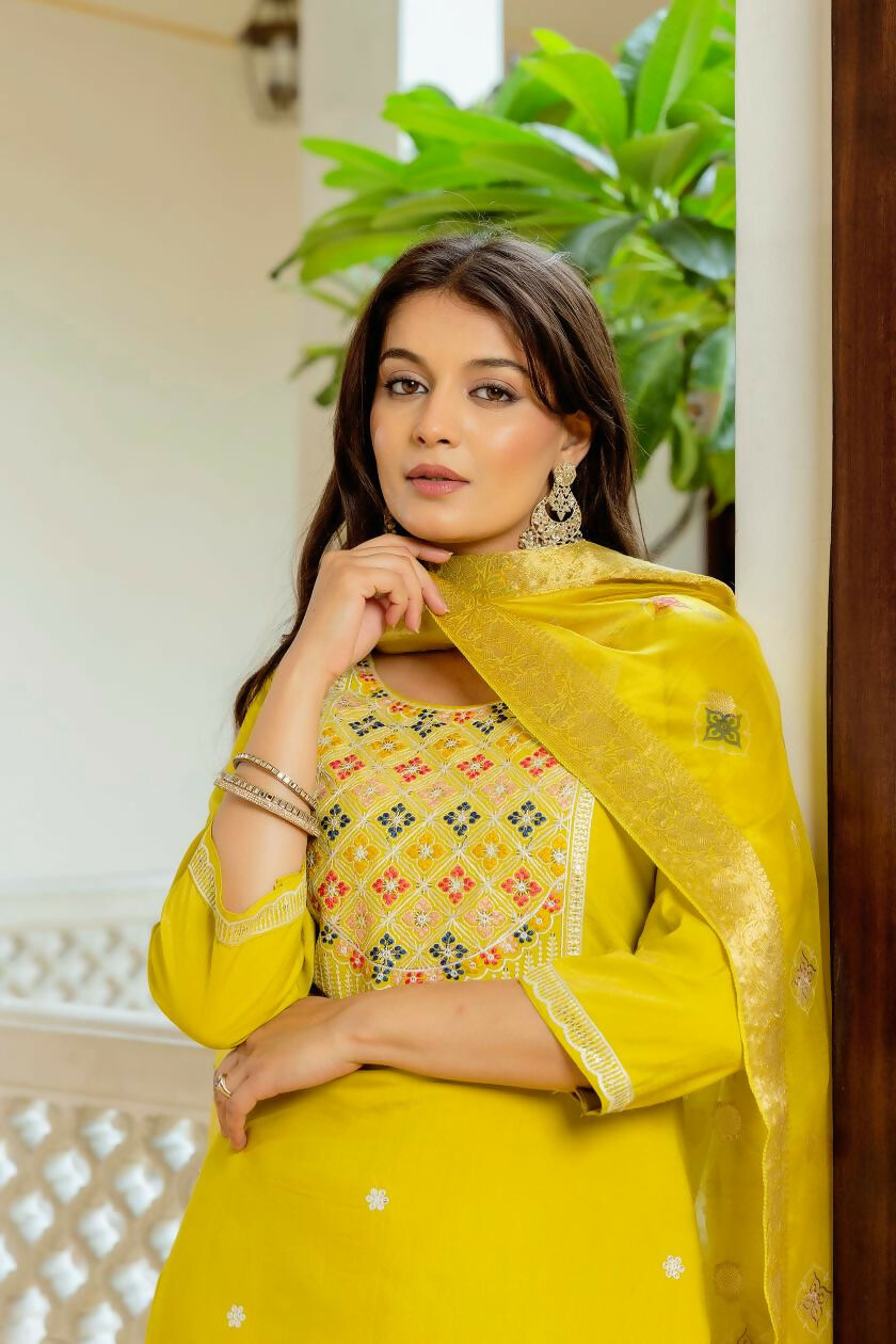 The52 Yellow Women's Beautiful Embroidered Viscose Shimmer Fabric with Straight Kurta, Pant and Dupatta Set - Swadesiicart