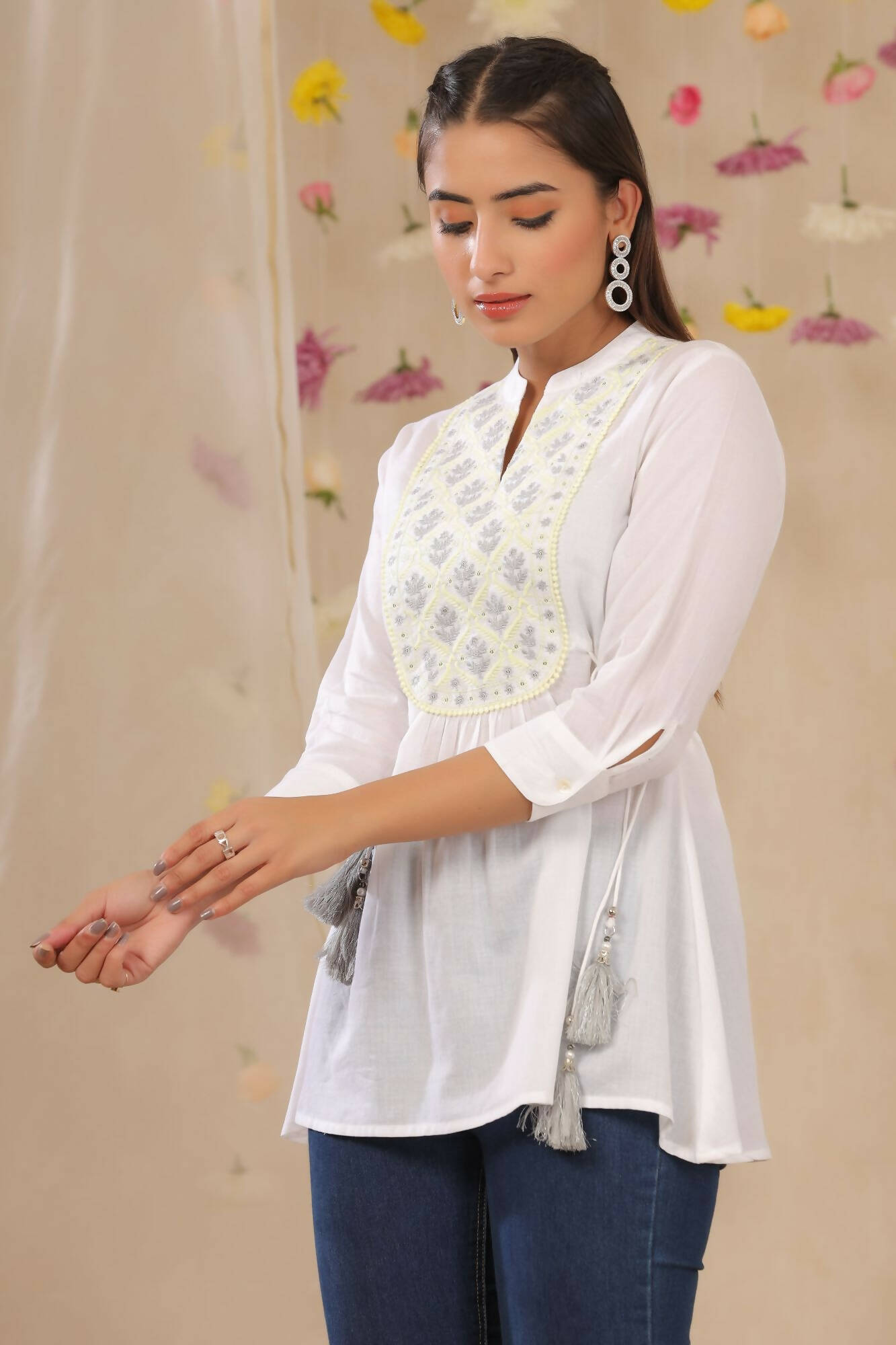 Juniper Women White Cotton Moss Embroidered A-Line Tunic | Swadesiicart